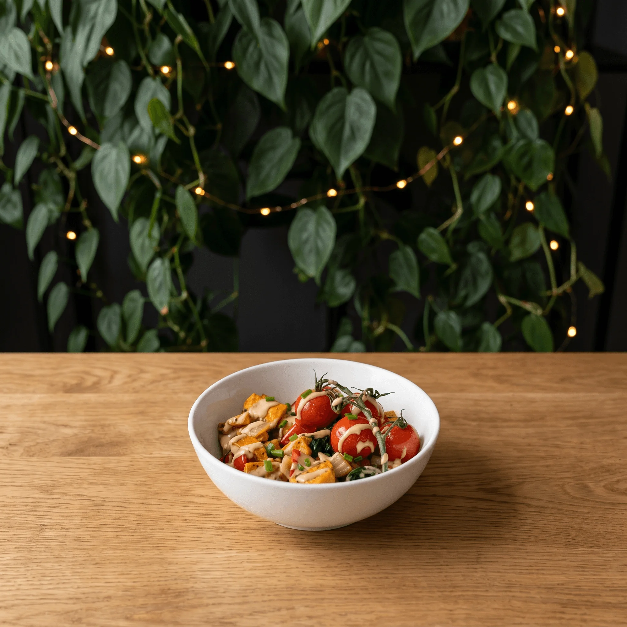 Colorful Mediterranean grain bowl with roasted vegetables