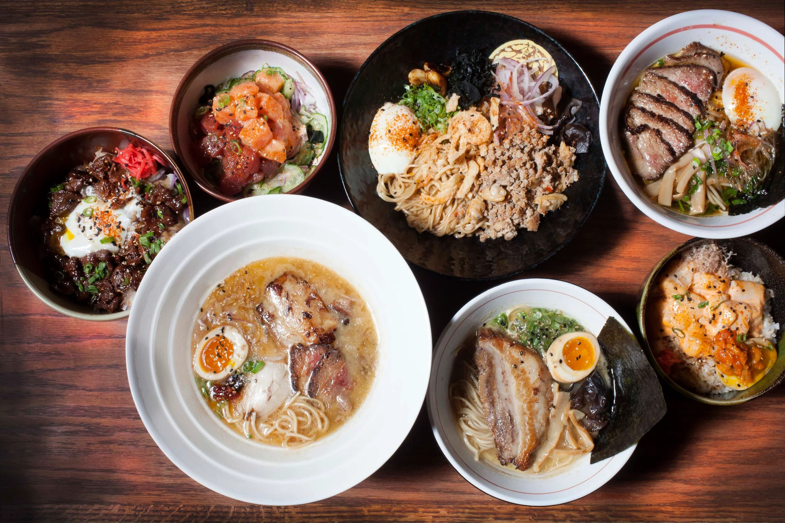 Assorted Japanese ramen bowls with toppings