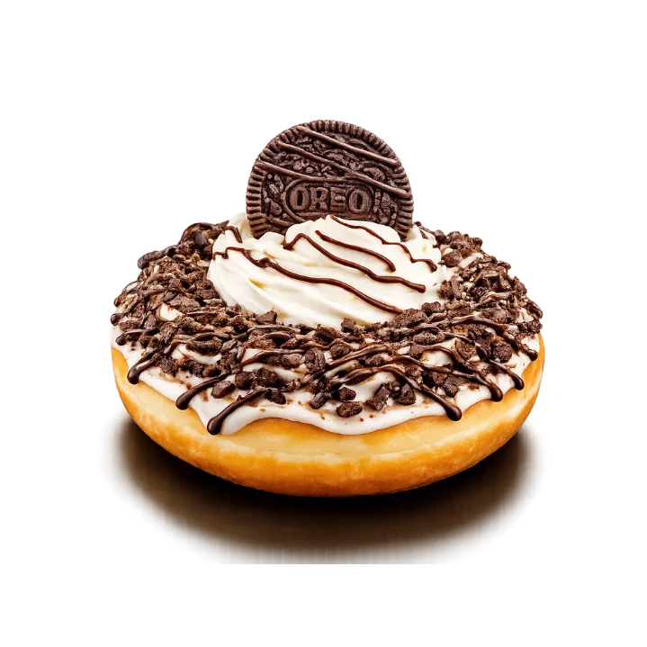 Oreo Cheesecake brioche donut with vanilla glaze, Oreo crumbles, whipped cream, Hershey’s drizzle, and Oreo cookie