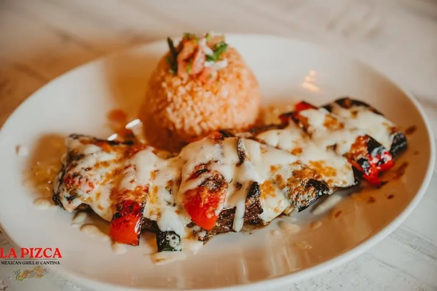 Stuffed poblano peppers with cheese and Mexican rice