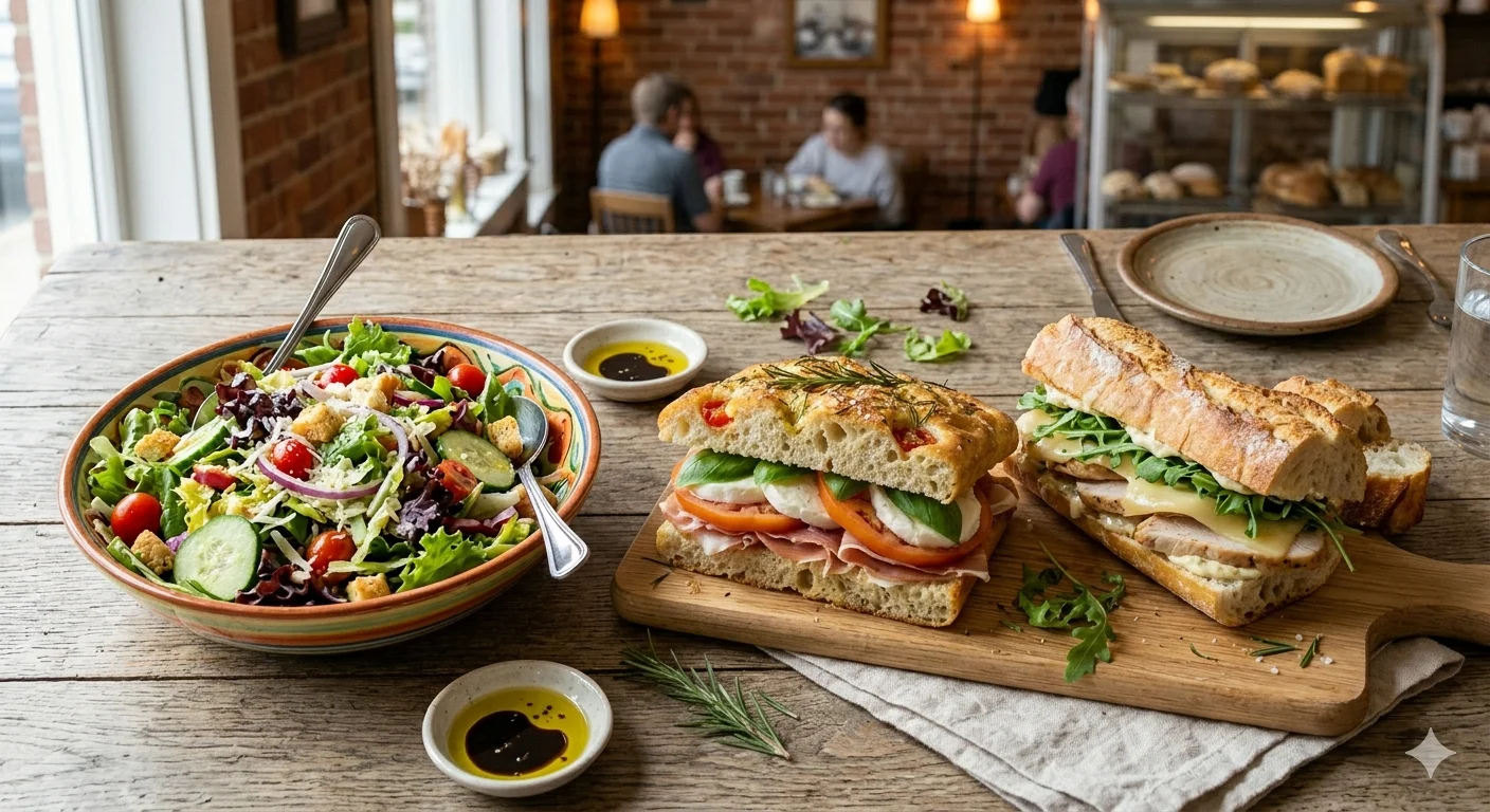 A rustic table setting featuring a vibrant salad bowl alongside two hearty sandwiches on a wooden cutting board. The salad includes greens, tomatoes, cucumbers, and croutons, while the sandwiches are filled with assorted meats and vegetables.