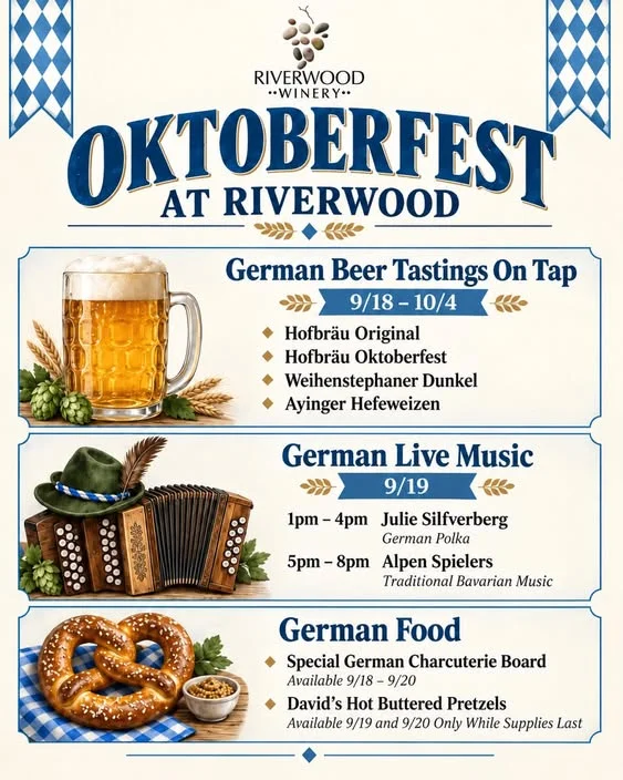 Oktoberfest event poster featuring German beer, music, and food details