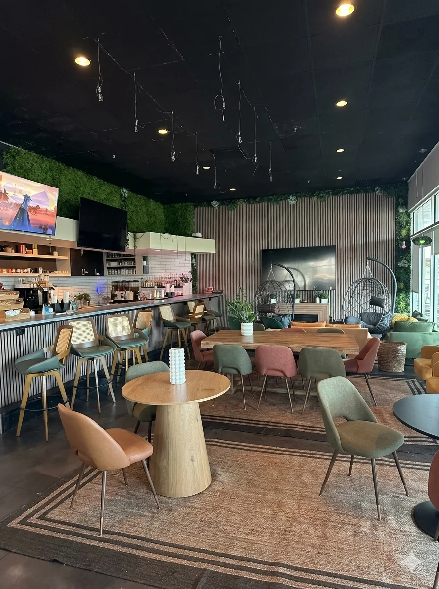 Modern cafe interior with colorful seating and a bar area.