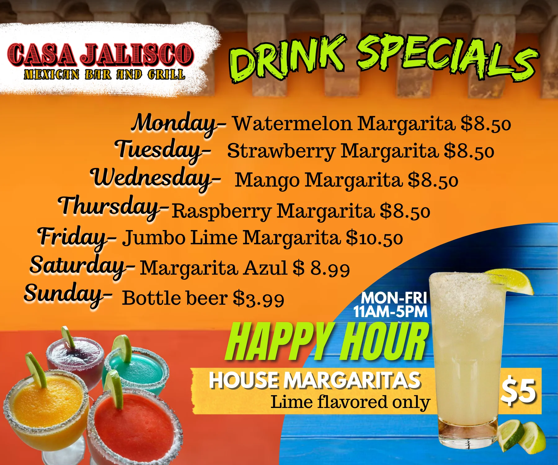 Colorful margarita drink specials at a Mexican bar and grill