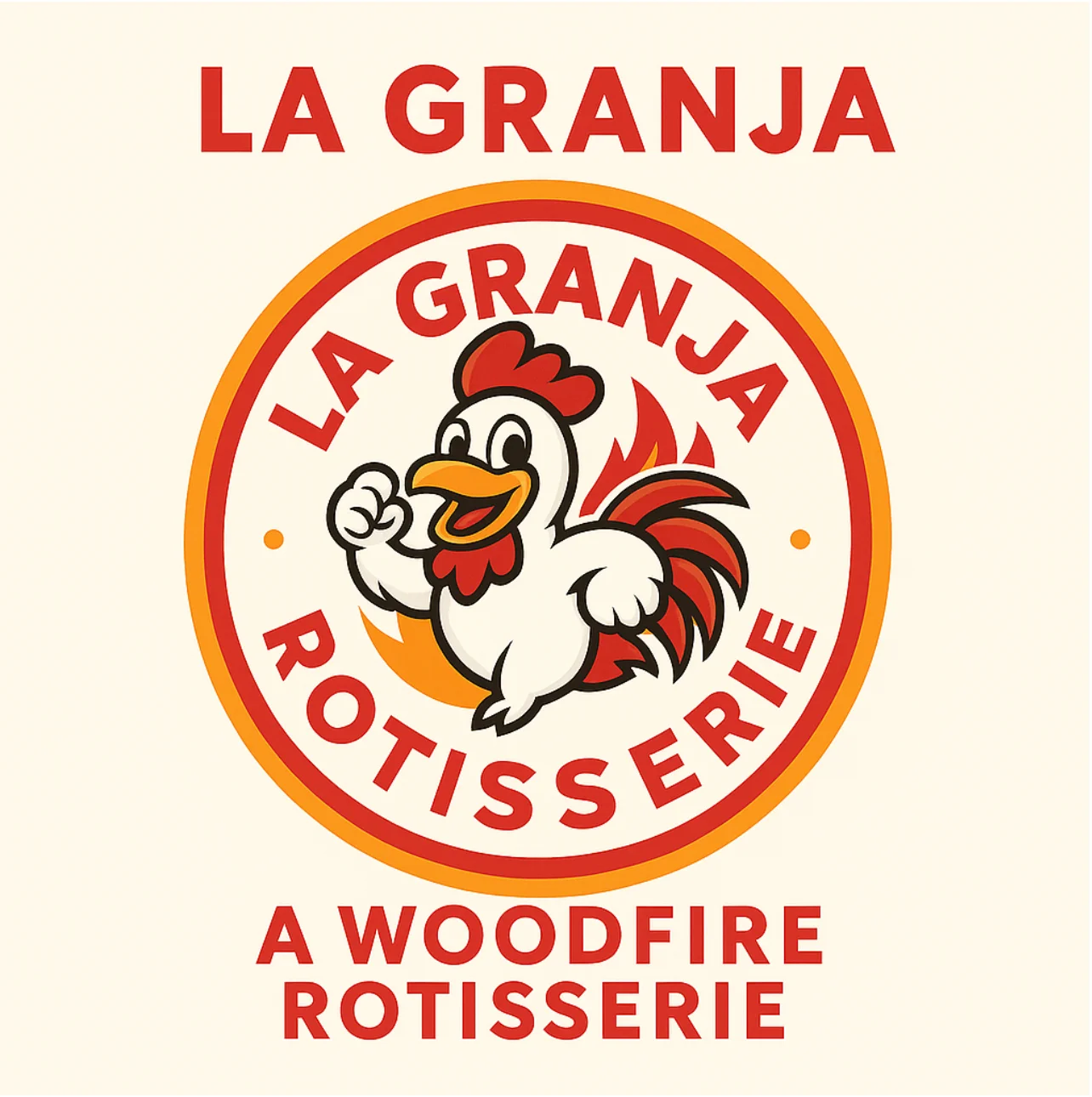 Logo of La Granja Rotisserie featuring a cheerful chicken mascot