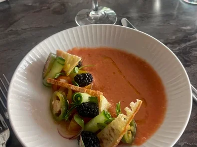 Chilled Spanish gazpacho with fresh toppings