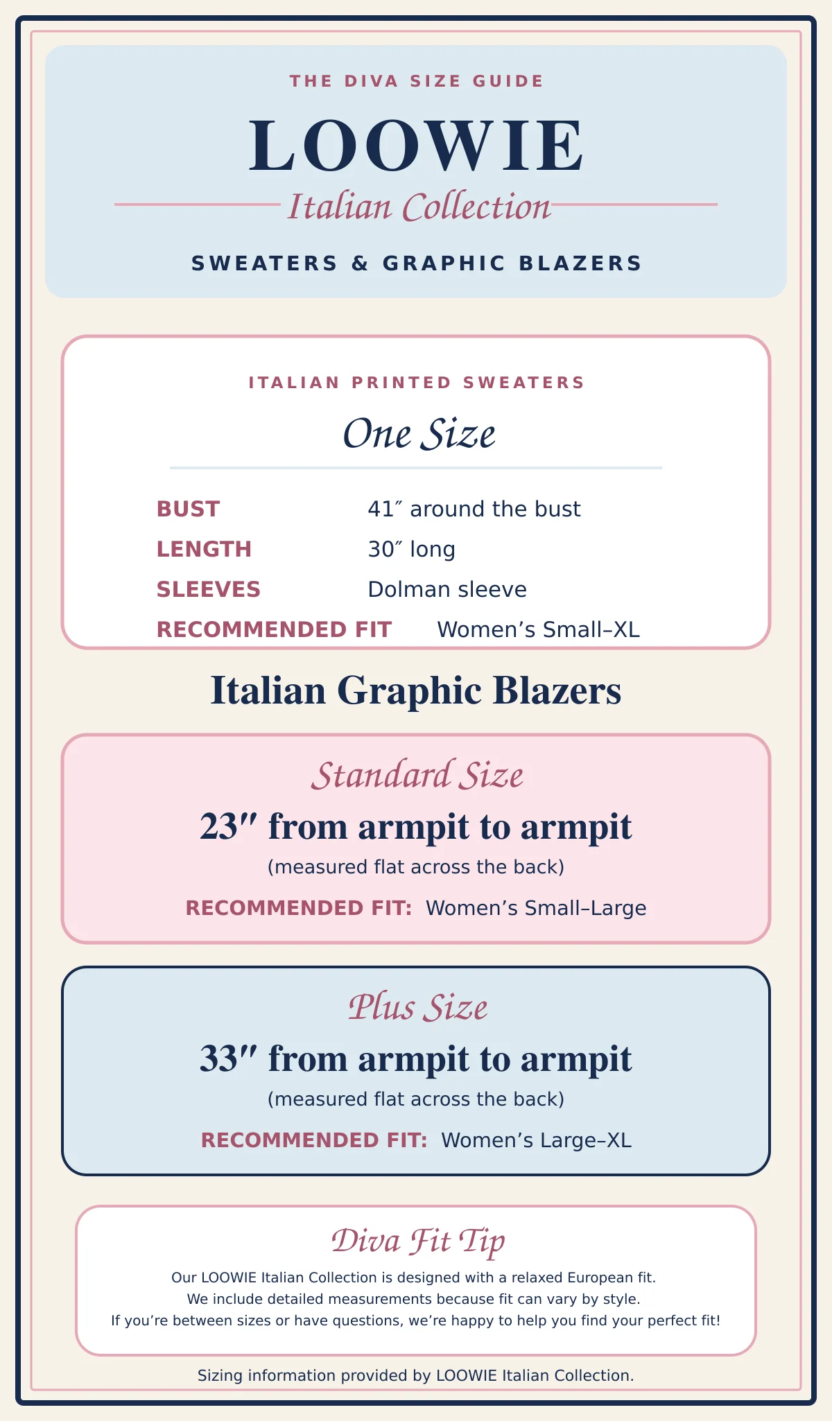 Size guide for LOOWIE Italian Collection sweaters and graphic blazers
