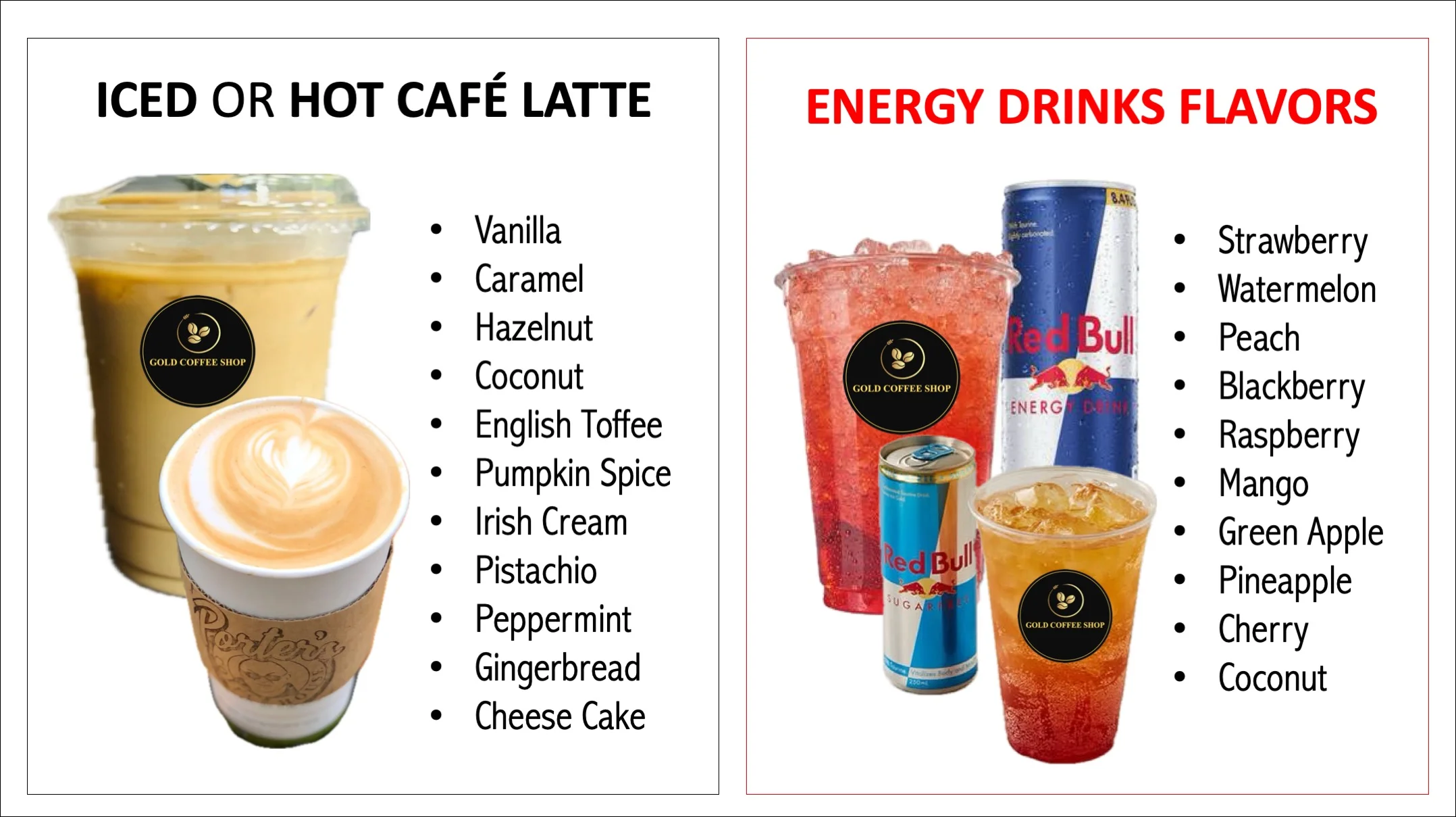 Menu featuring iced or hot café latte and energy drink flavors.