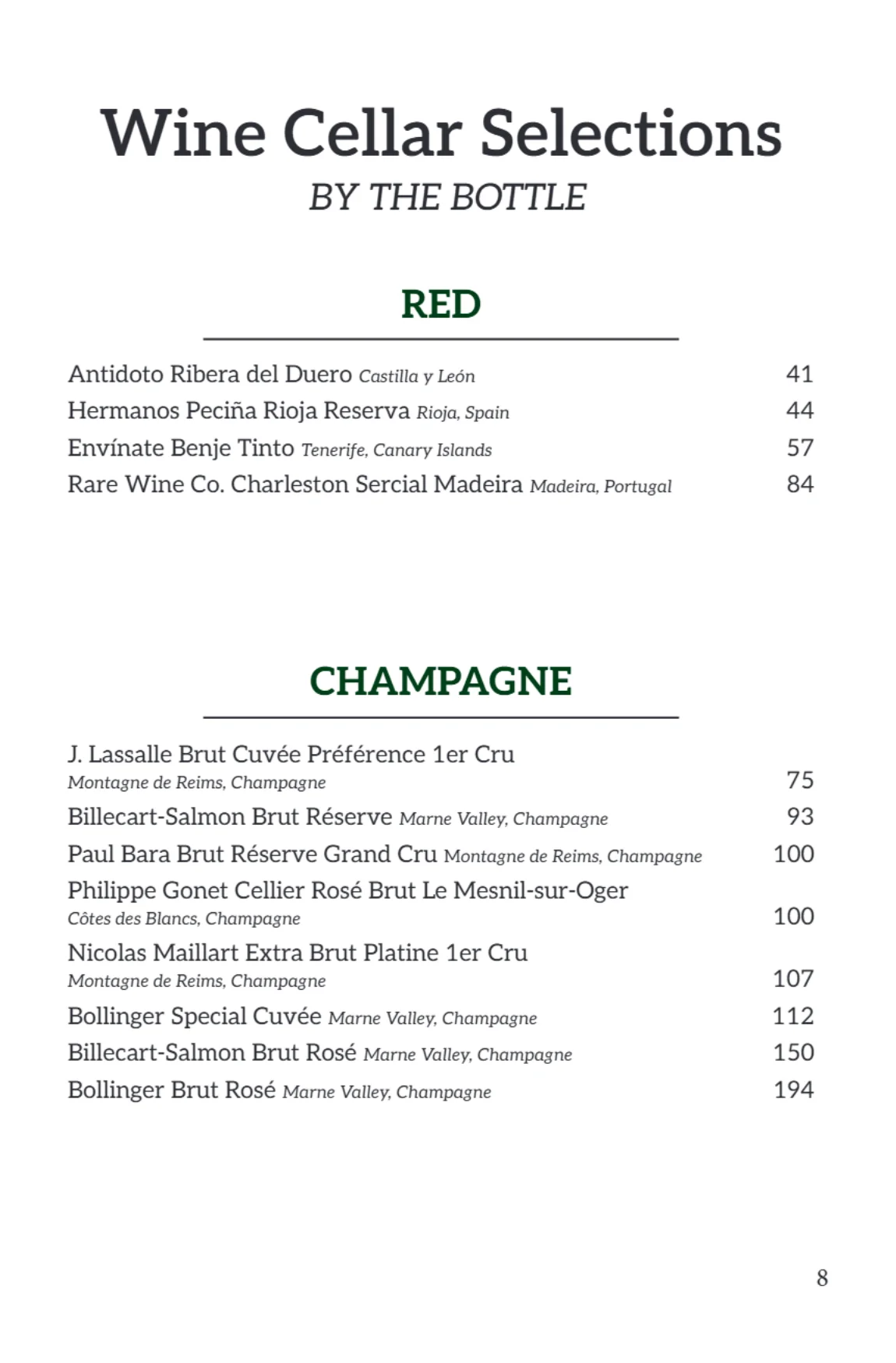 Bar menu page featuring various drink options and prices.