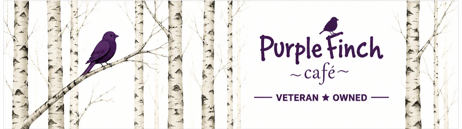 Purple Finch Café logo with birch trees and a purple bird