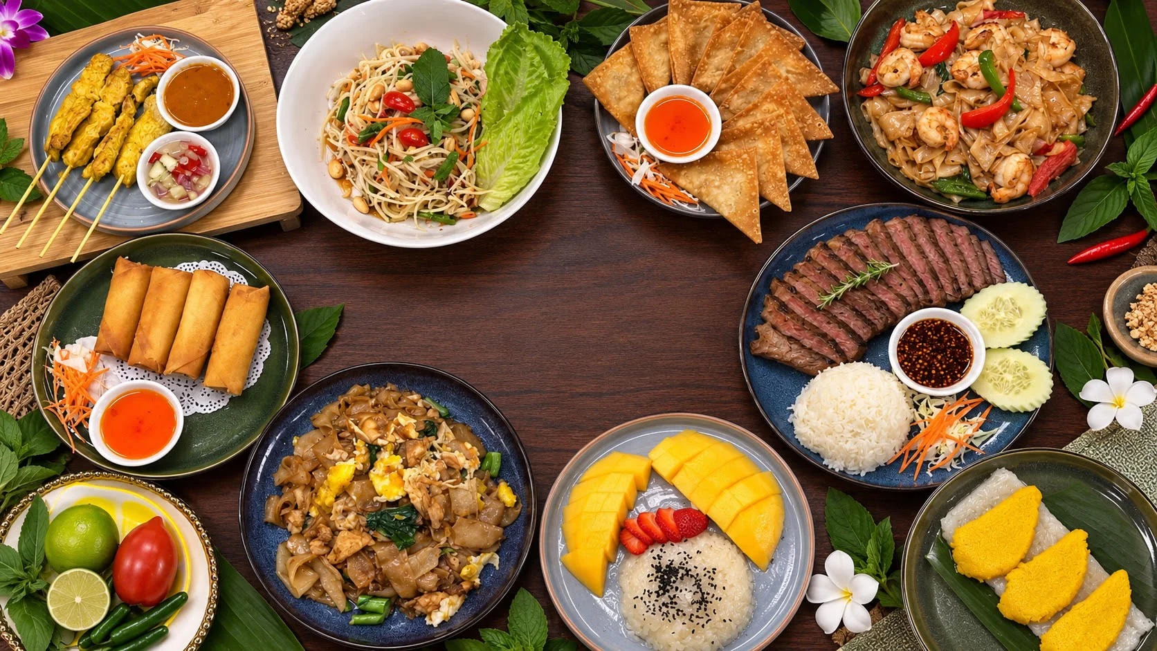 Assorted Thai dishes including pad thai, spring rolls, and mango sticky rice
