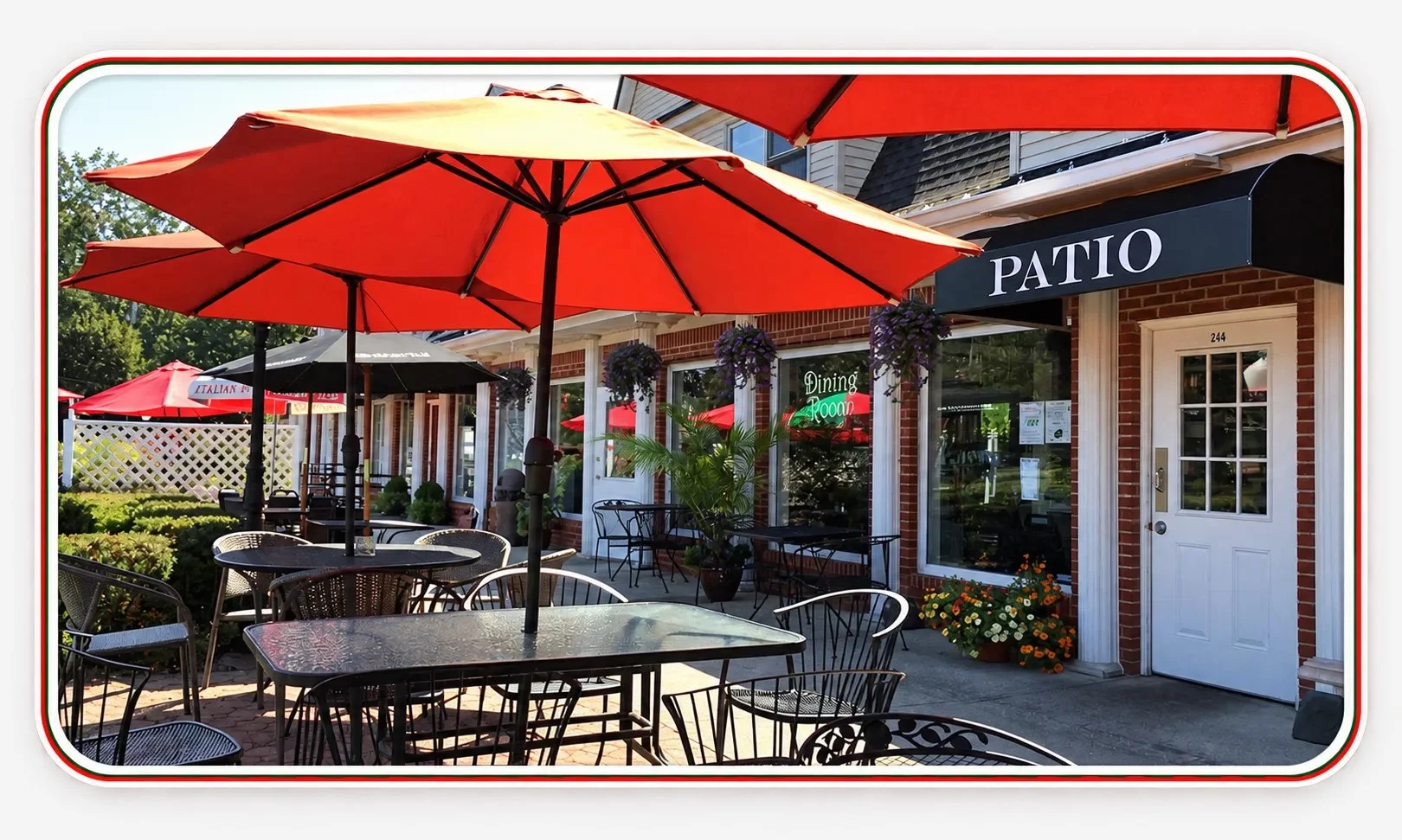 Patio Italian Kitchen storefront and outdoor patio with red umbrellas in St. James
