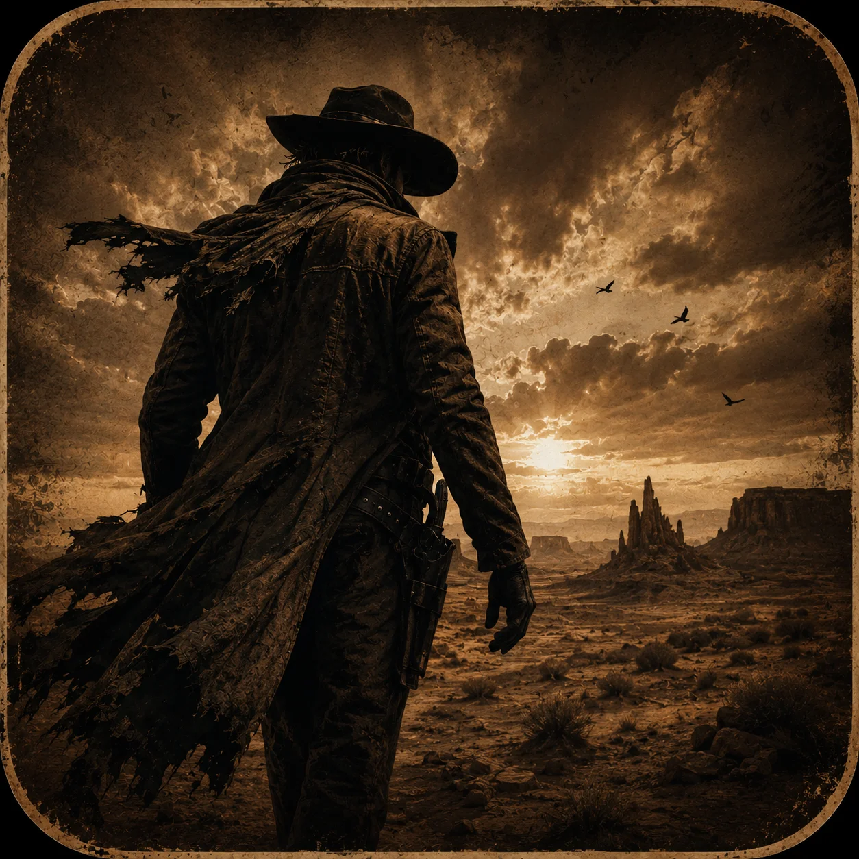 Silhouette of a cowboy against a dramatic sunset in a desert landscape