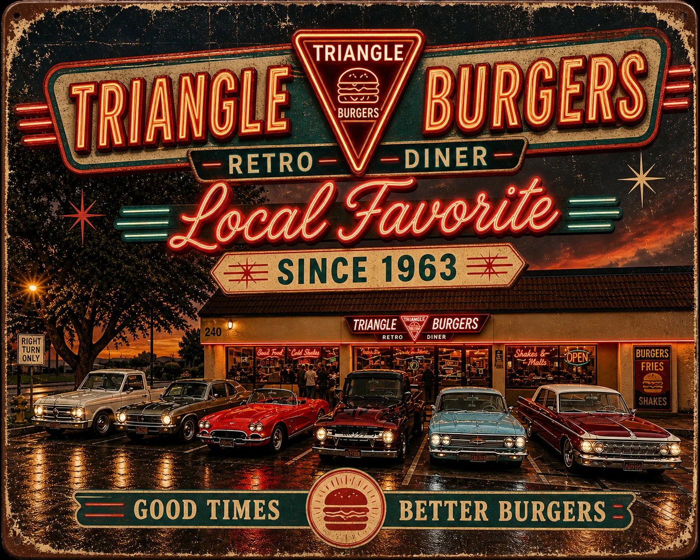 Triangle Burgers retro diner sign with classic cars parked outside.