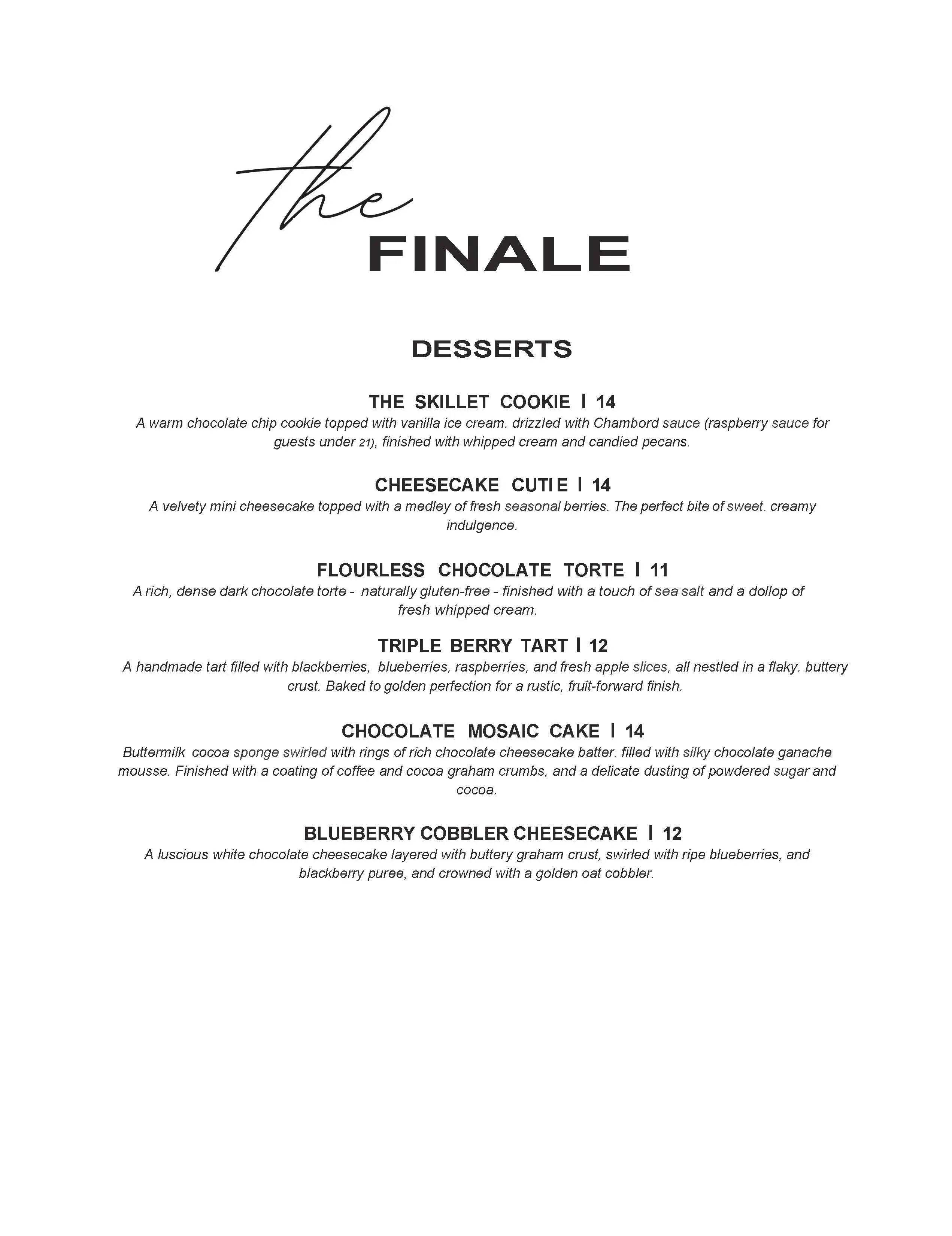 Decadent dessert menu featuring various cakes and tarts