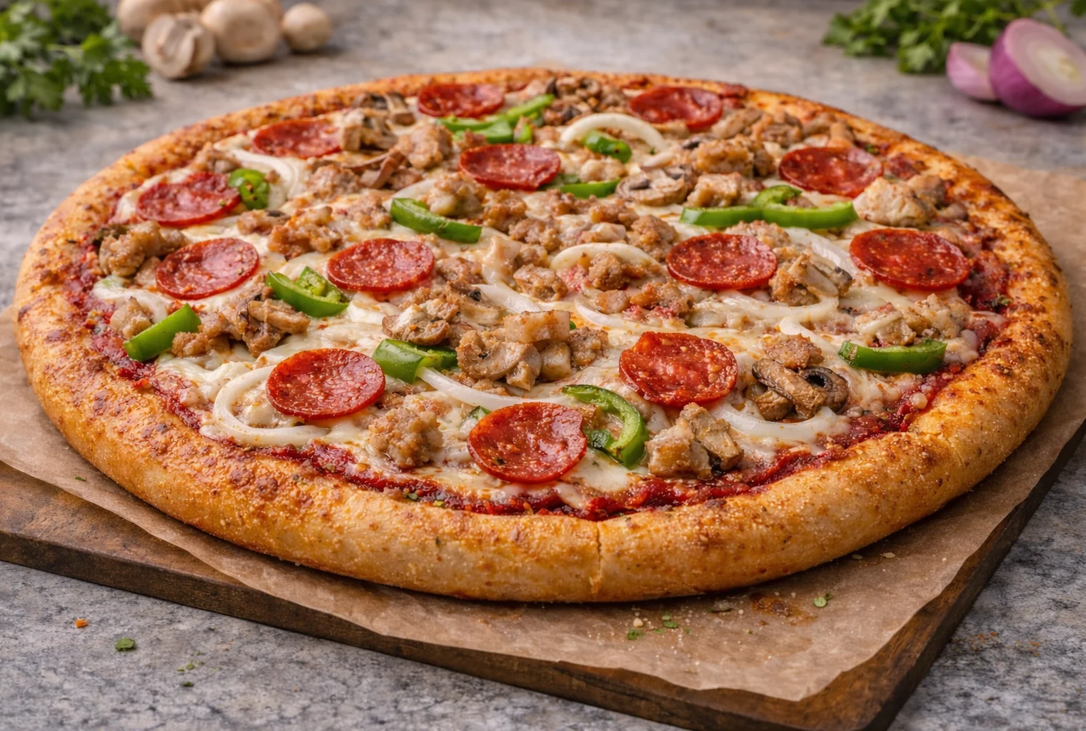 Delicious pepperoni pizza with sausage and green peppers