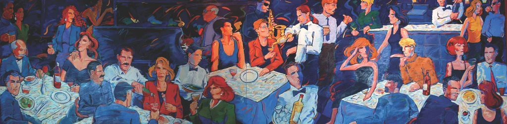 Vibrant painted restaurant scene with lively diners and tables