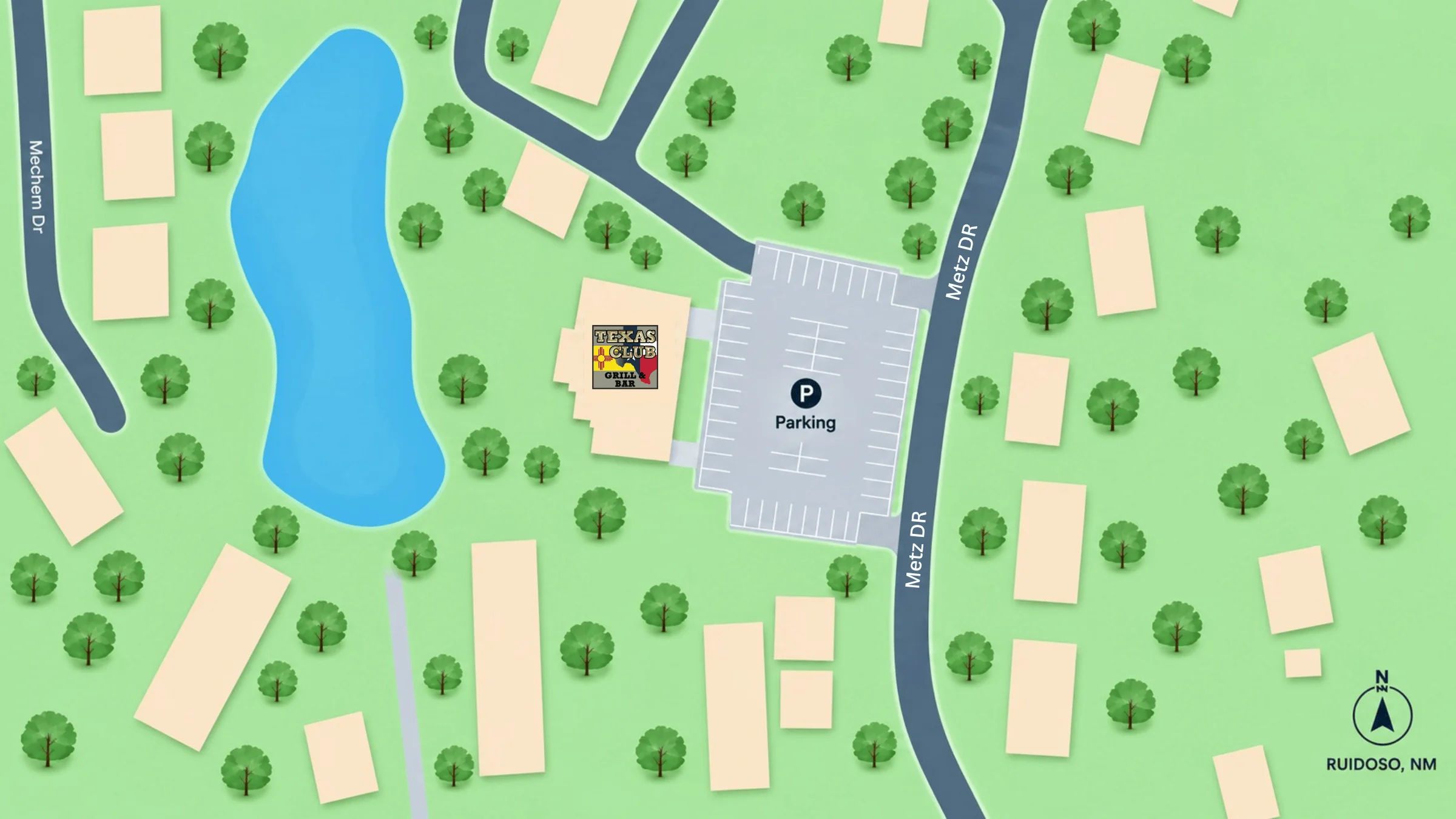 Map showing location of Texas Club in Ruidoso, NM with parking area