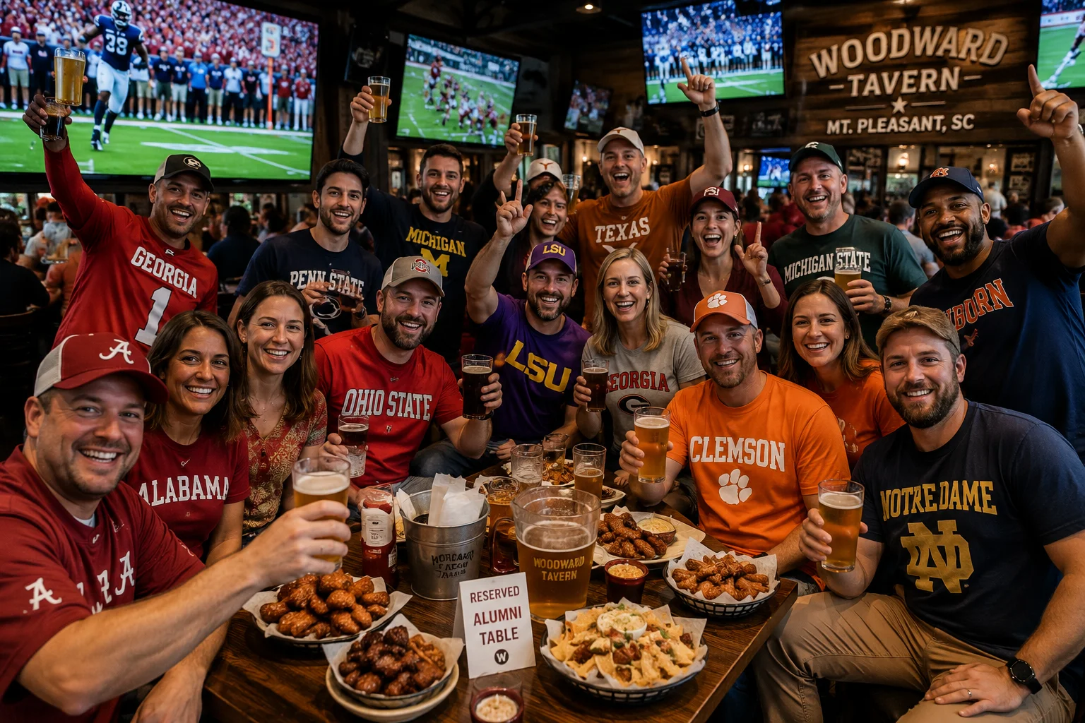 College alumni and fan club watch parties at Woodward Tavern in Mount Pleasant SC
