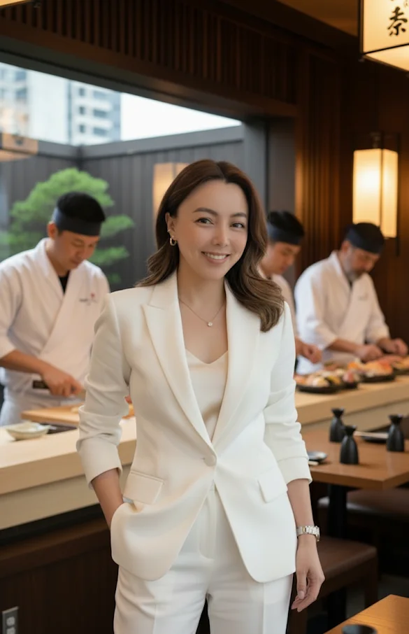 A sushi chef preparing a sushi roll on a wooden surface, showcasing the process of rolling sushi with various ingredients.