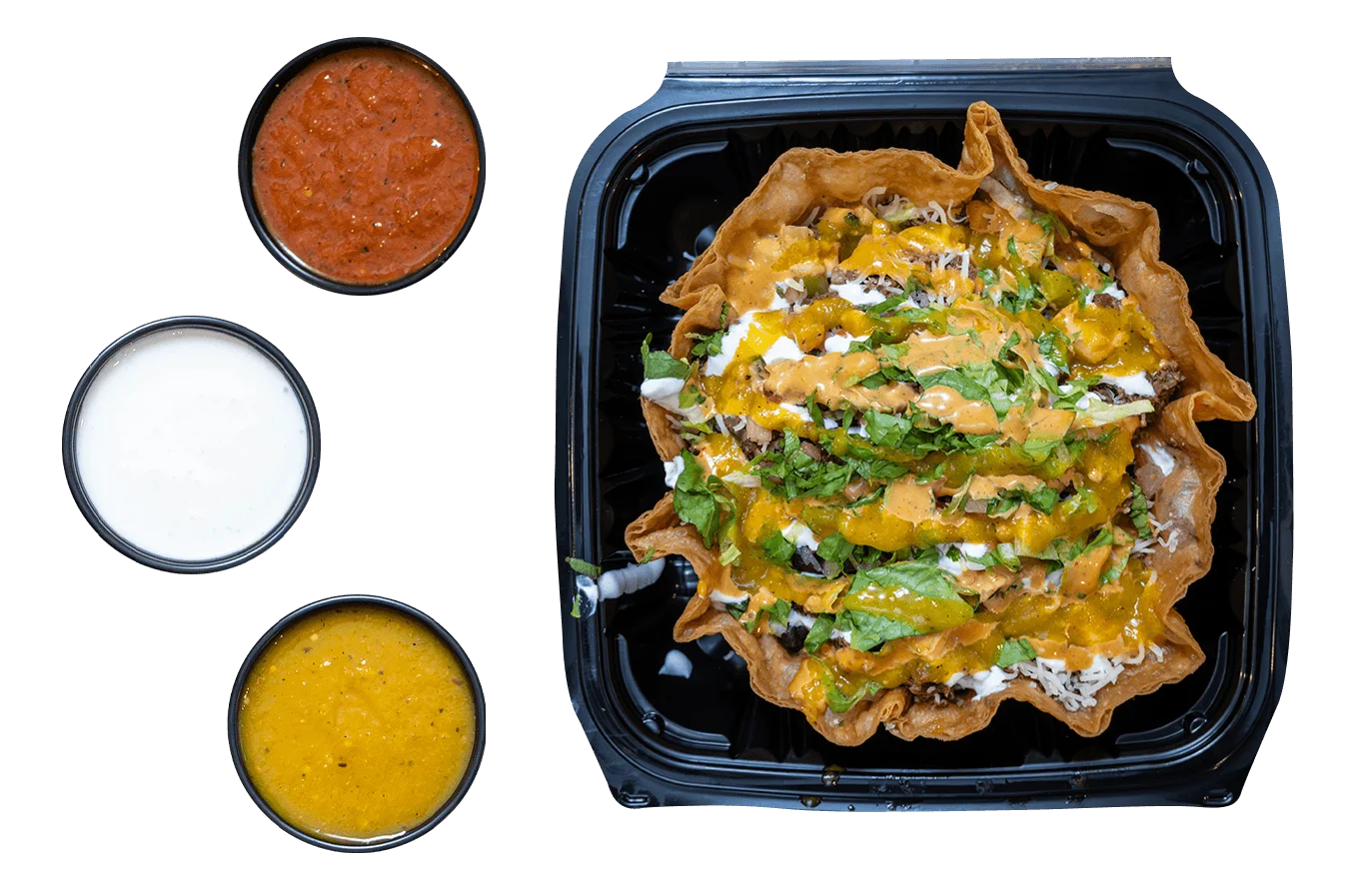 Assorted Mexican salsas and tortilla chips for dipping