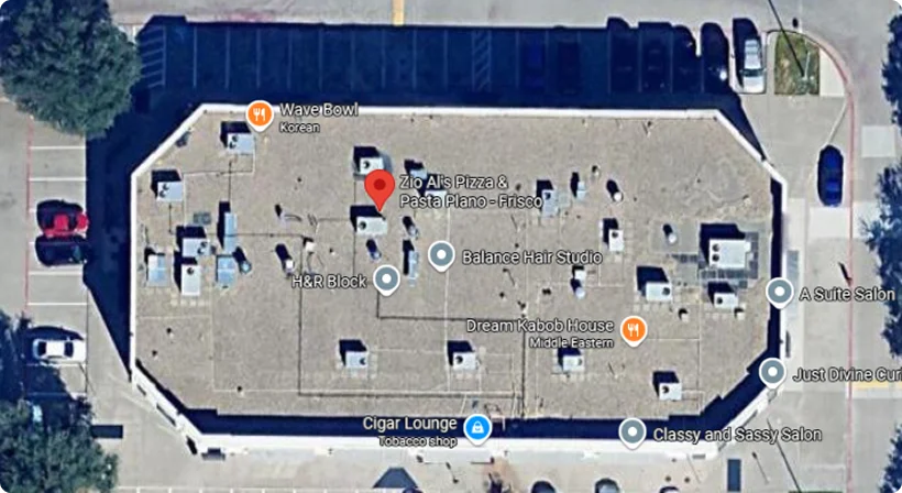 Aerial view of Zio Al's Pizza & Pasta restaurant in Frisco, Texas