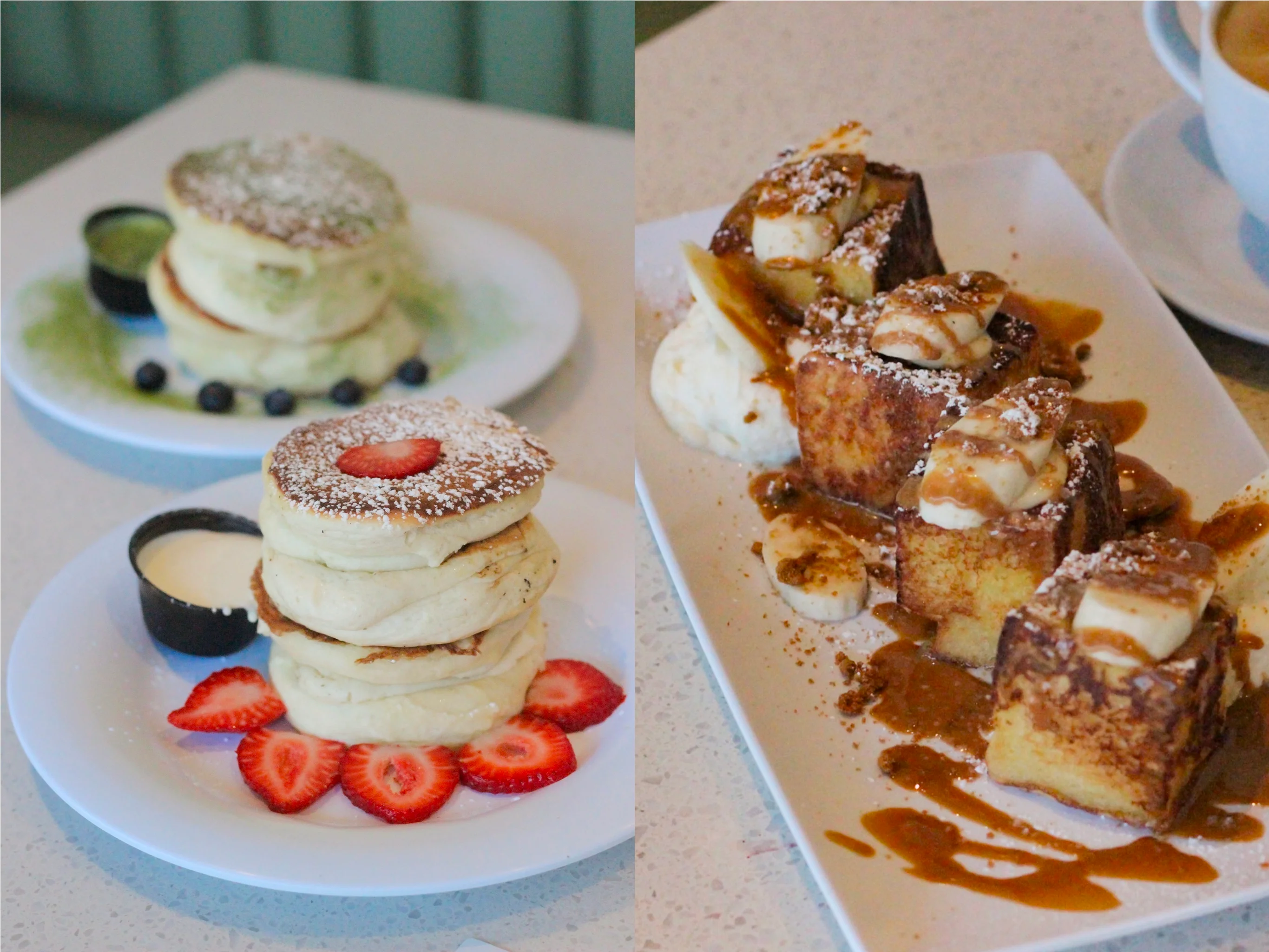 Some of Kitch's most popular sweets. Matcha Soufflé Pancake, served with blueberries and sweet cream, dusted with matcha powdered sugar. Original Soufflé Pancake, served with a strawberry & mango syrup and sweet cream. Biscoff Banana French Toast: Brioche french toast filled with custard, topped with brûléed sugar, drizzled with biscoff butter and cookie crumbs, and topped with sliced bananas.