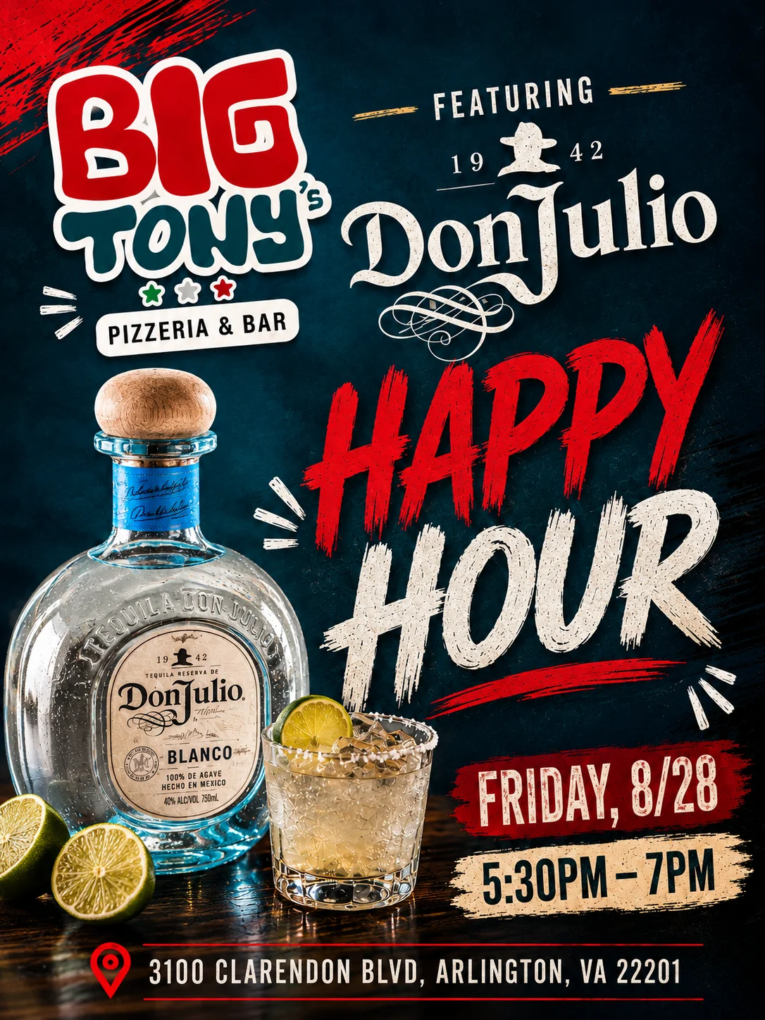 Don Julio tequila bottle with cocktail and limes at a bar