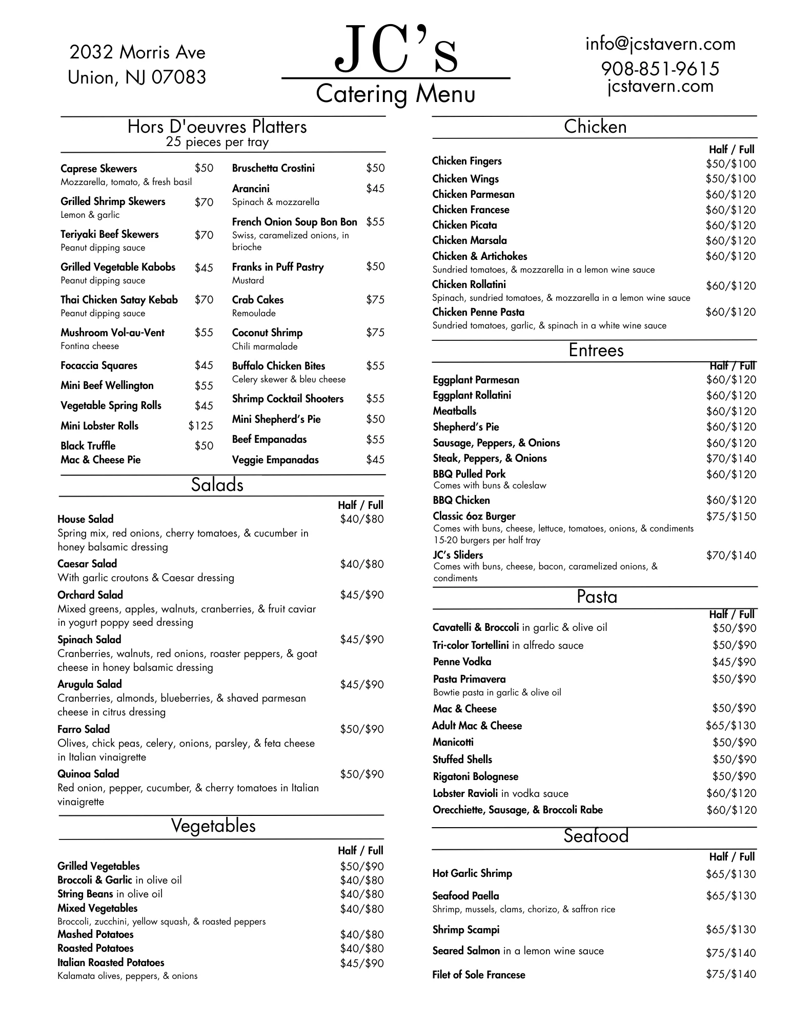 Catering menu featuring diverse global dishes