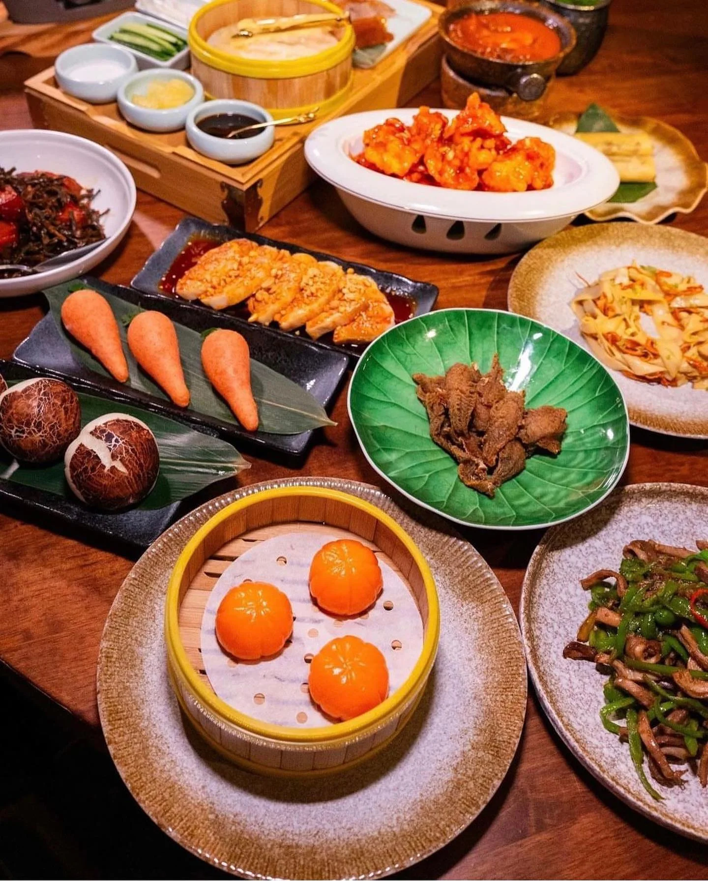 Assorted Chinese dim sum platter with vibrant dishes