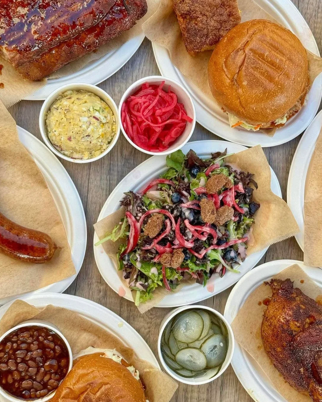 Southern barbecue platter with smoked meats and sides