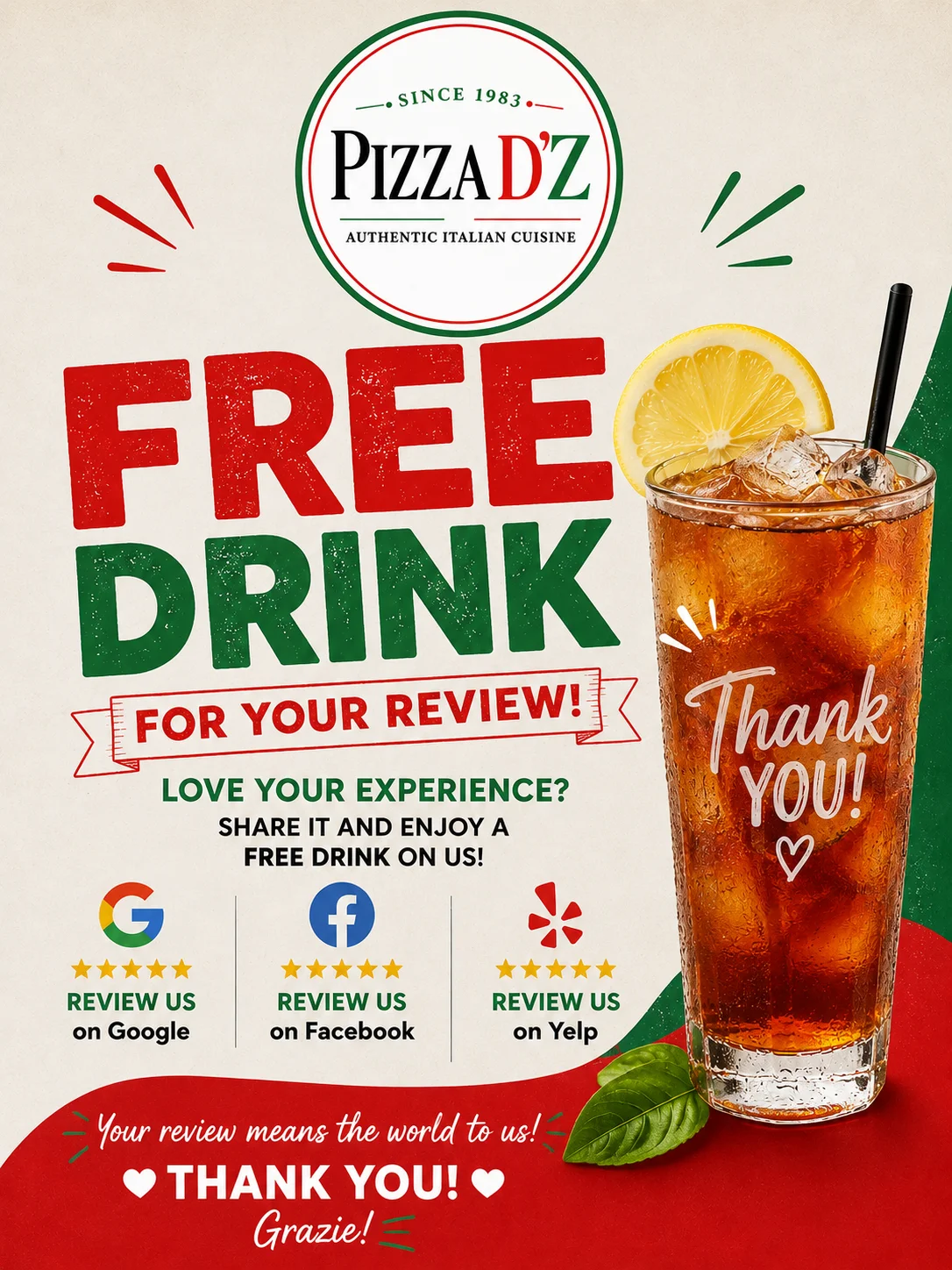 Promotional poster for Pizza D'Z offering a free drink for reviews.