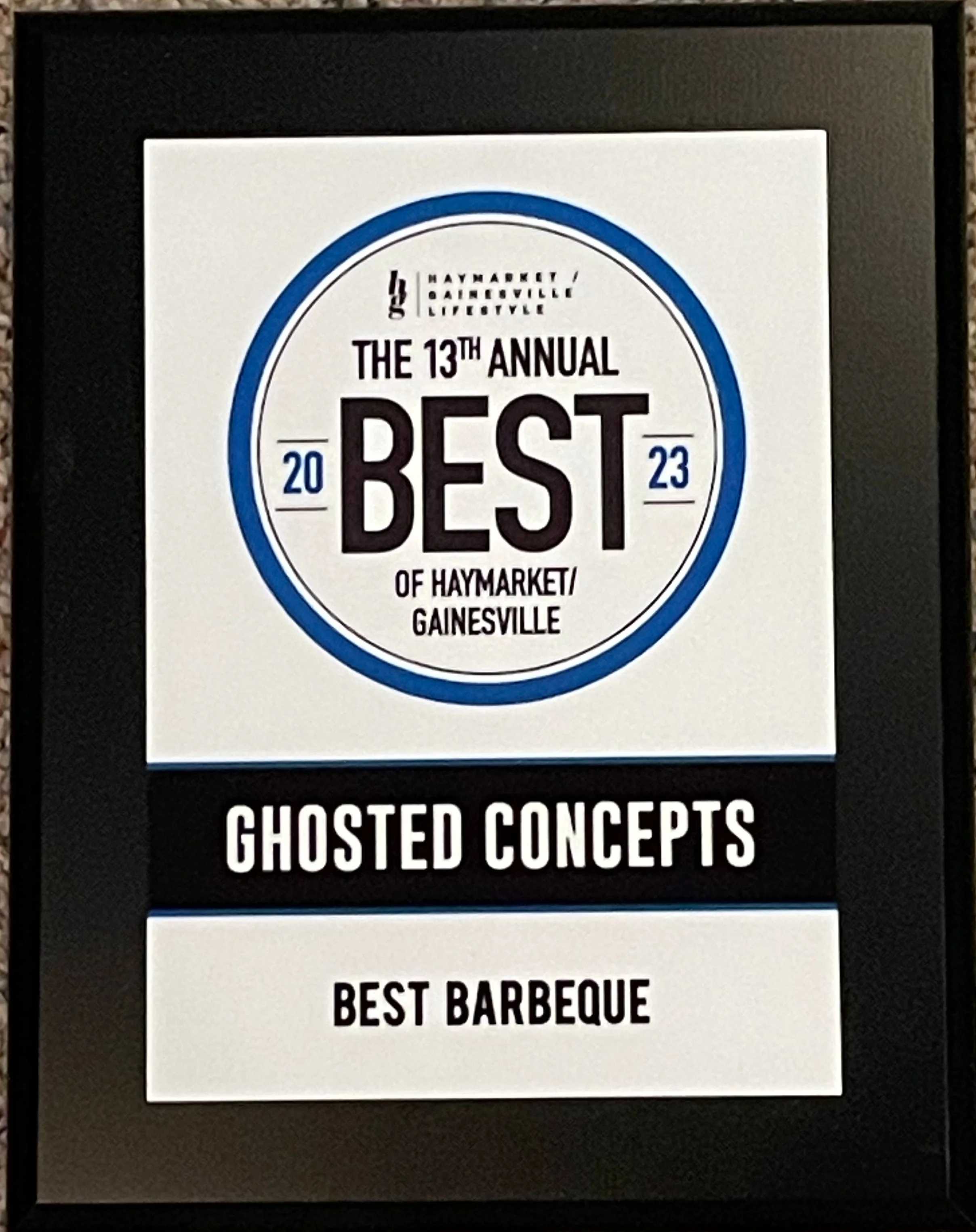 Award plaque for Best Barbeque in Haymarket/Gainesville 2023