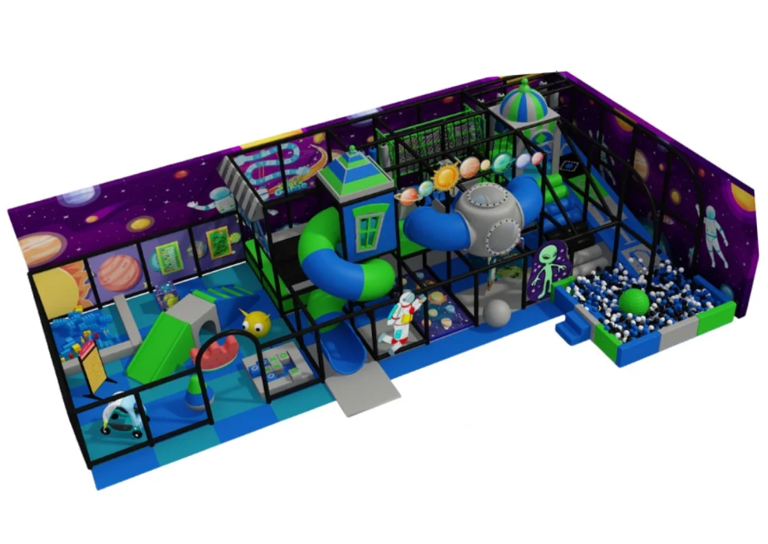 Colorful indoor play area with space theme and climbing structures