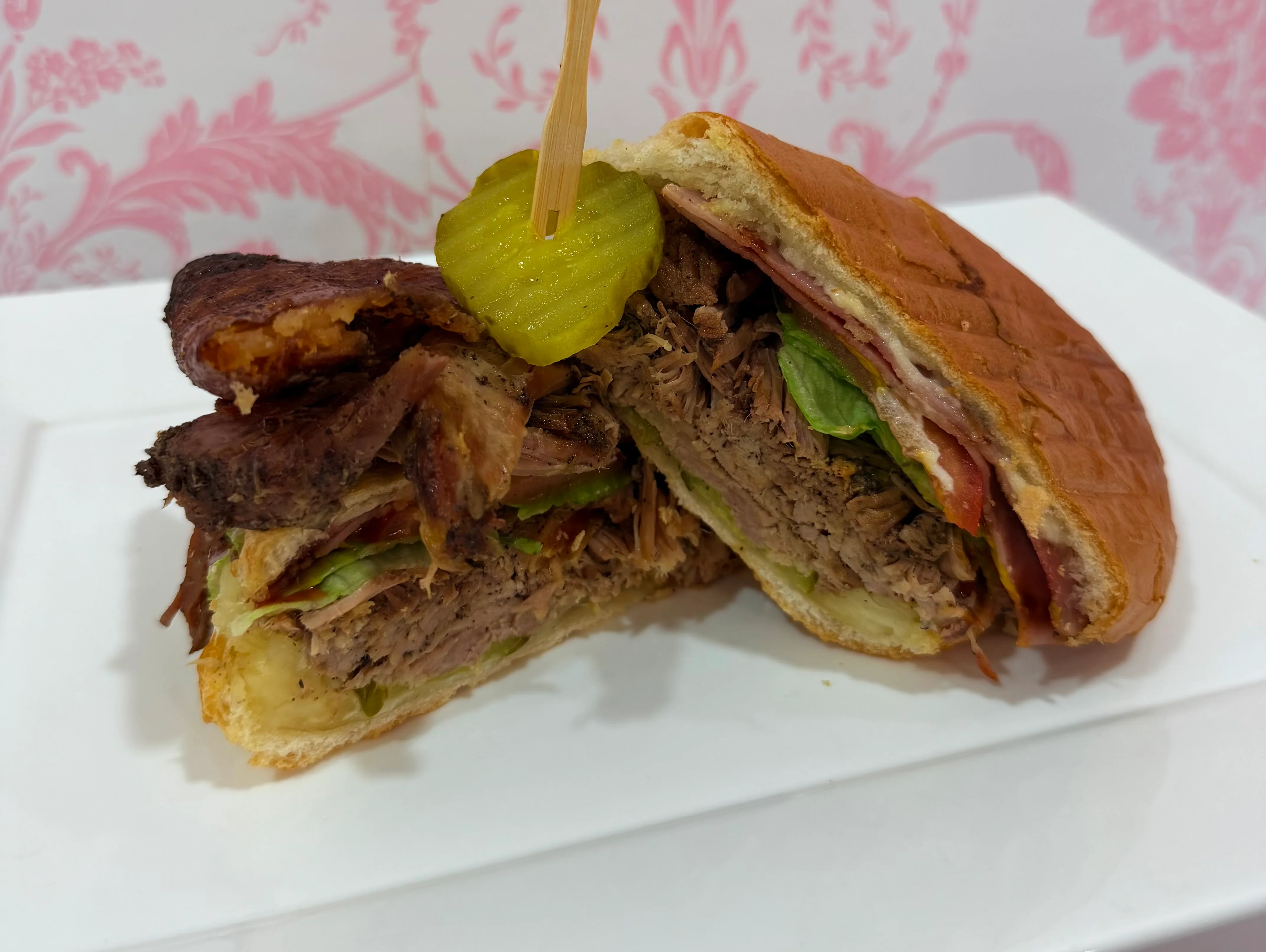 Savory Cuban sandwich with pulled pork and pickles