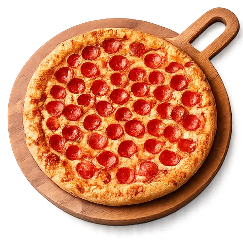 Classic pepperoni pizza on a wooden serving board