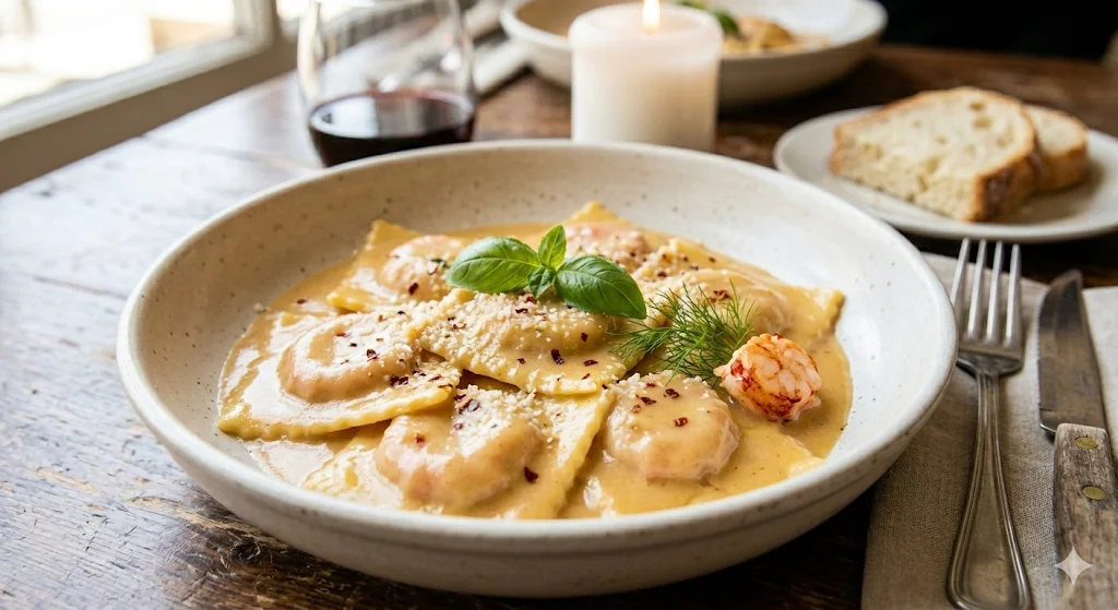 Lobster Ravioli Cognac Sauce