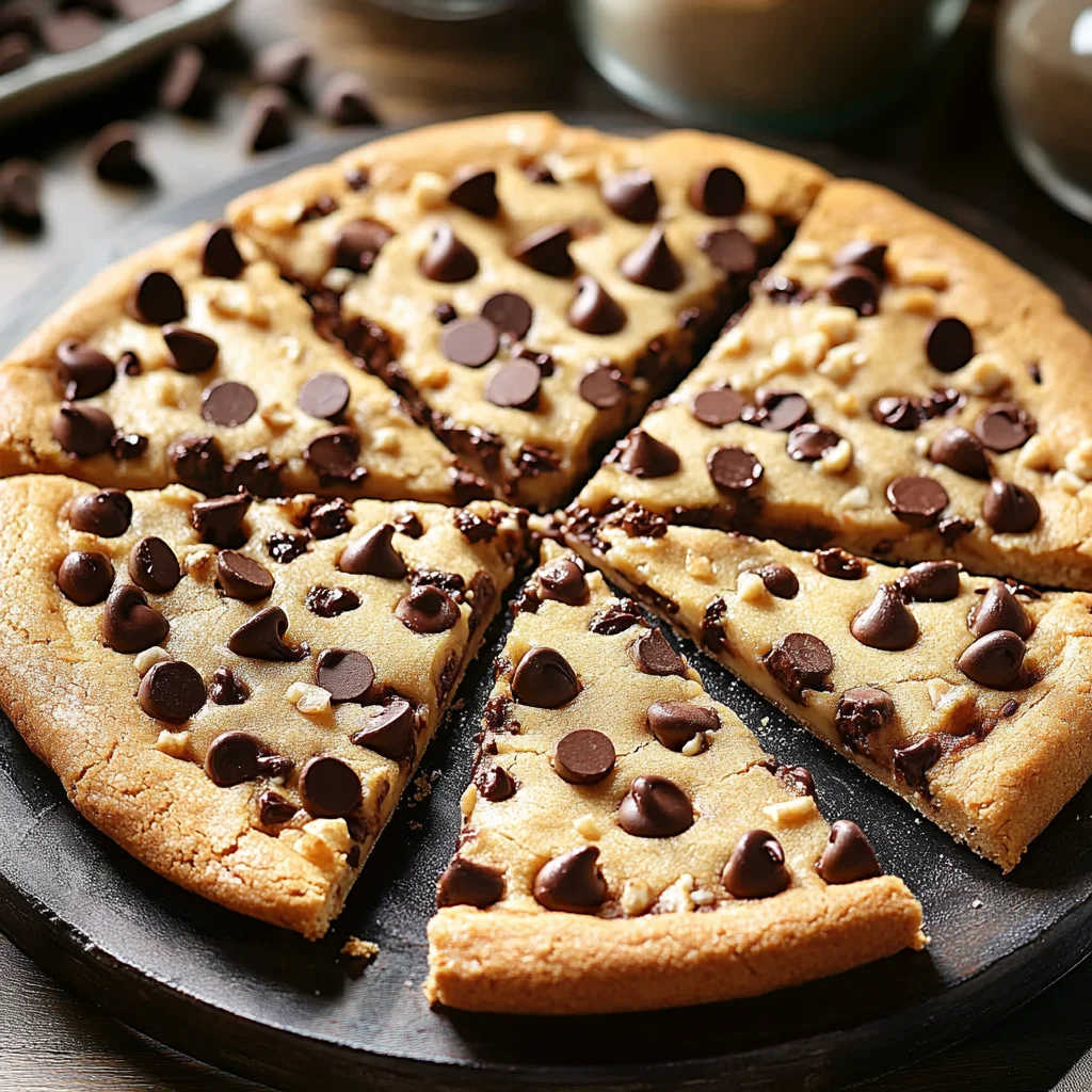 A chocolate chip cookie pizza sliced into triangular pieces, topped with chocolate chips and placed on a dark serving board.
