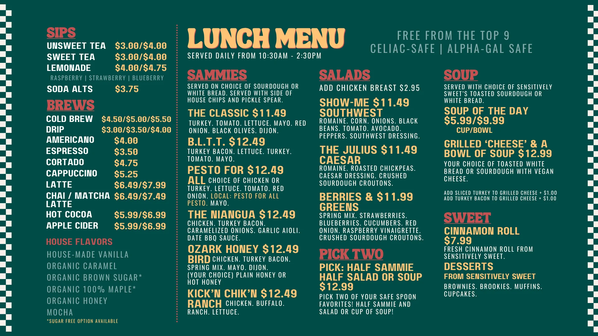 Lunch menu featuring gourmet sandwiches and salads