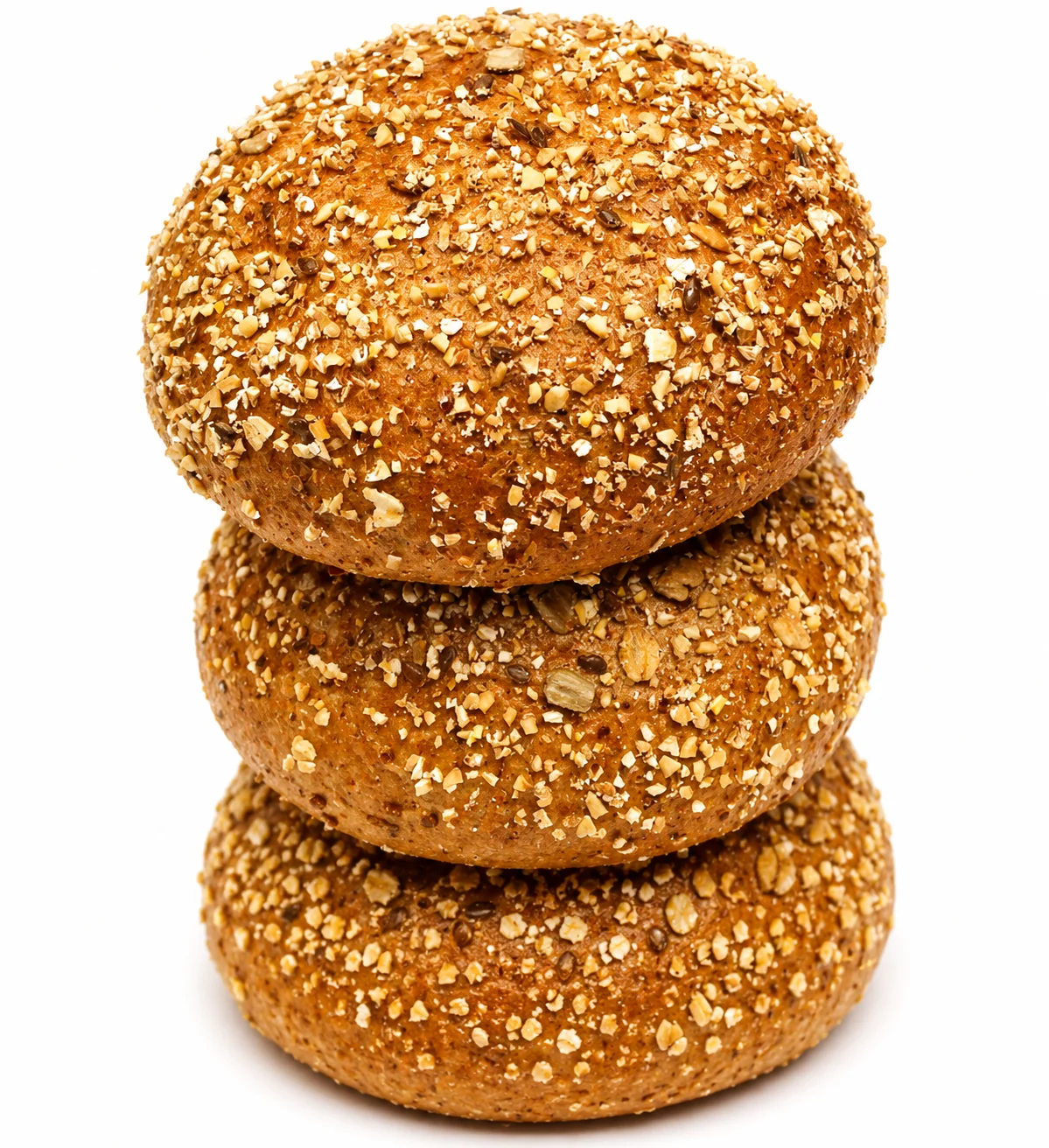 Two round whole grain rolls topped with oats.