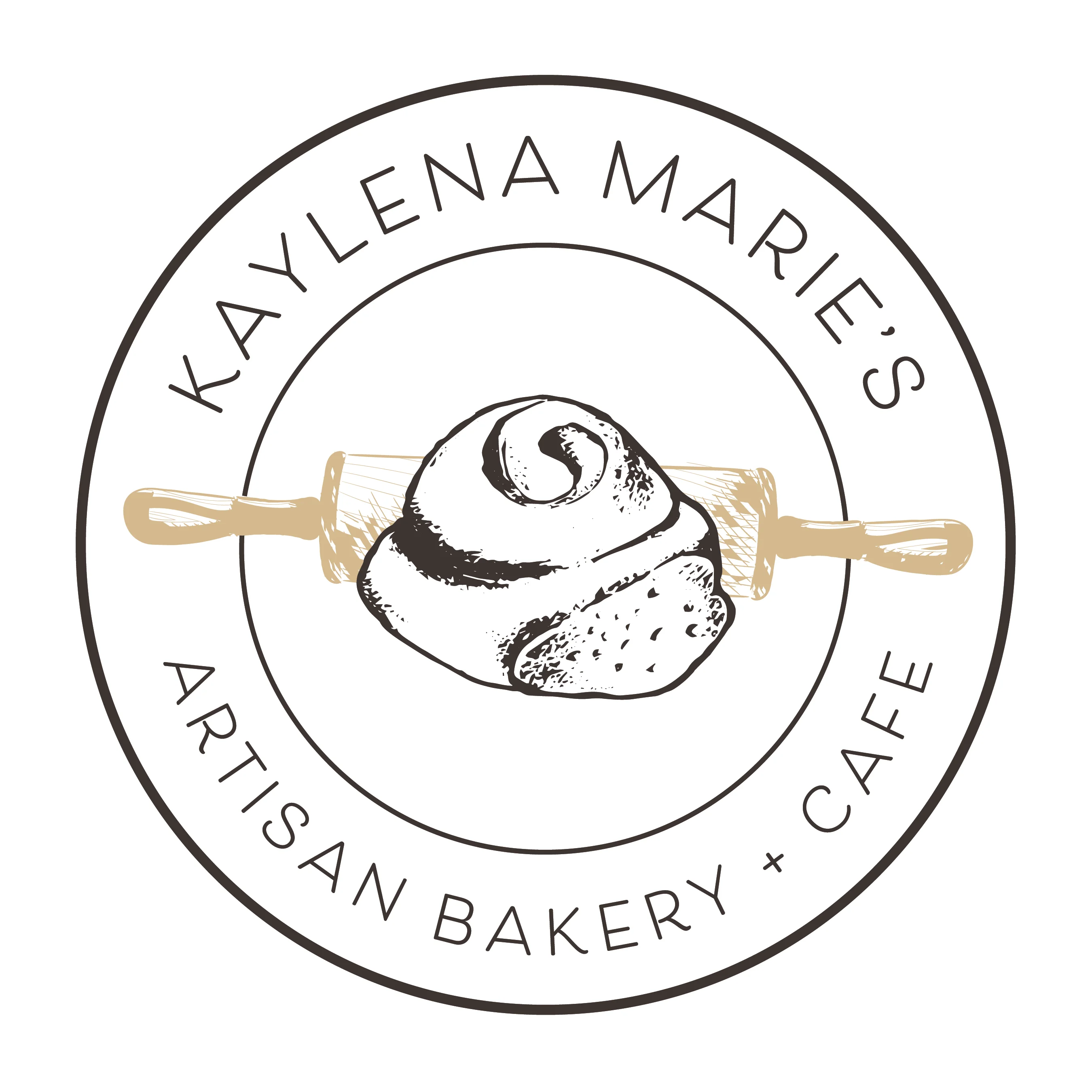 Artisan bakery logo featuring a cinnamon roll and rolling pin