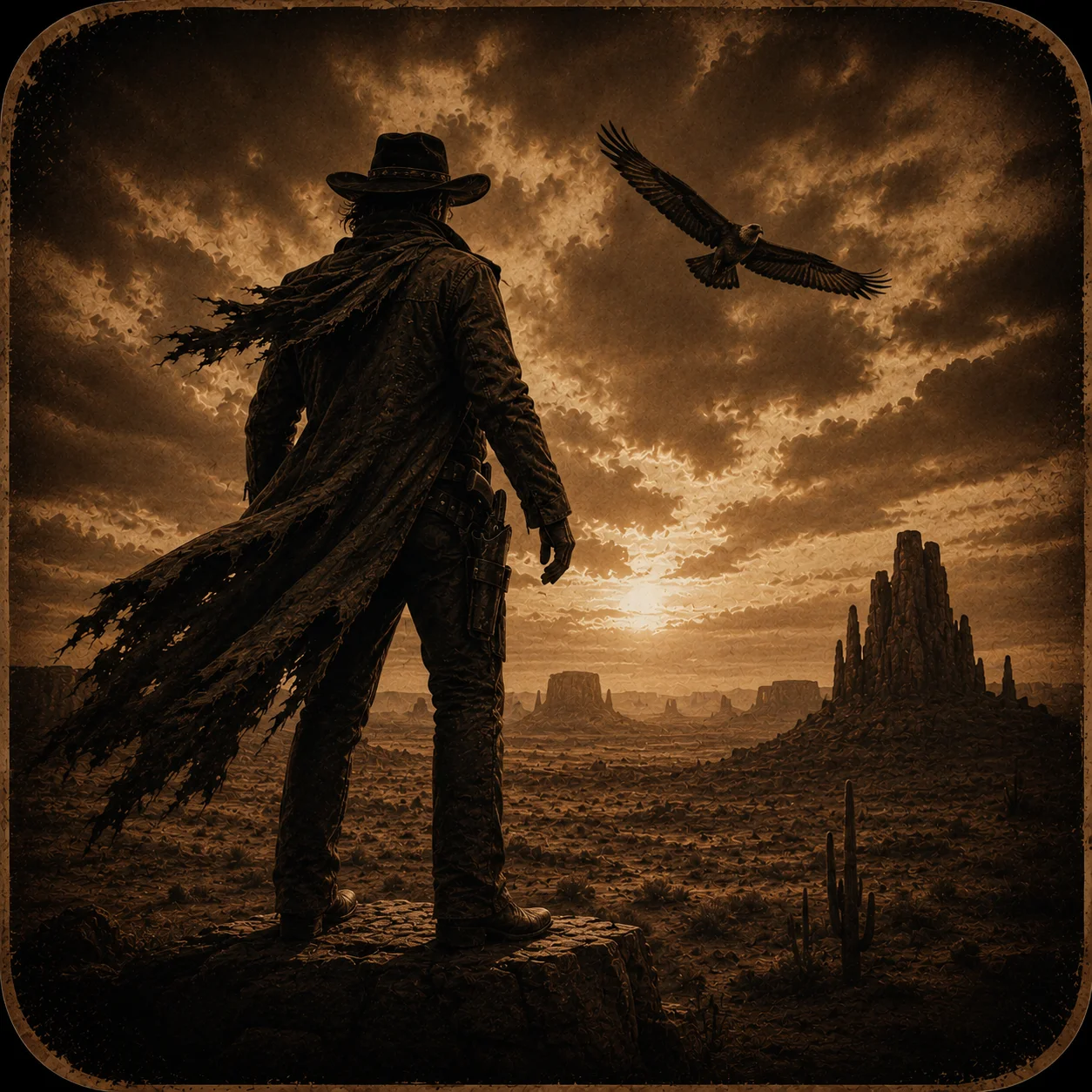 Silhouette of a cowboy against a sunset in a desert landscape