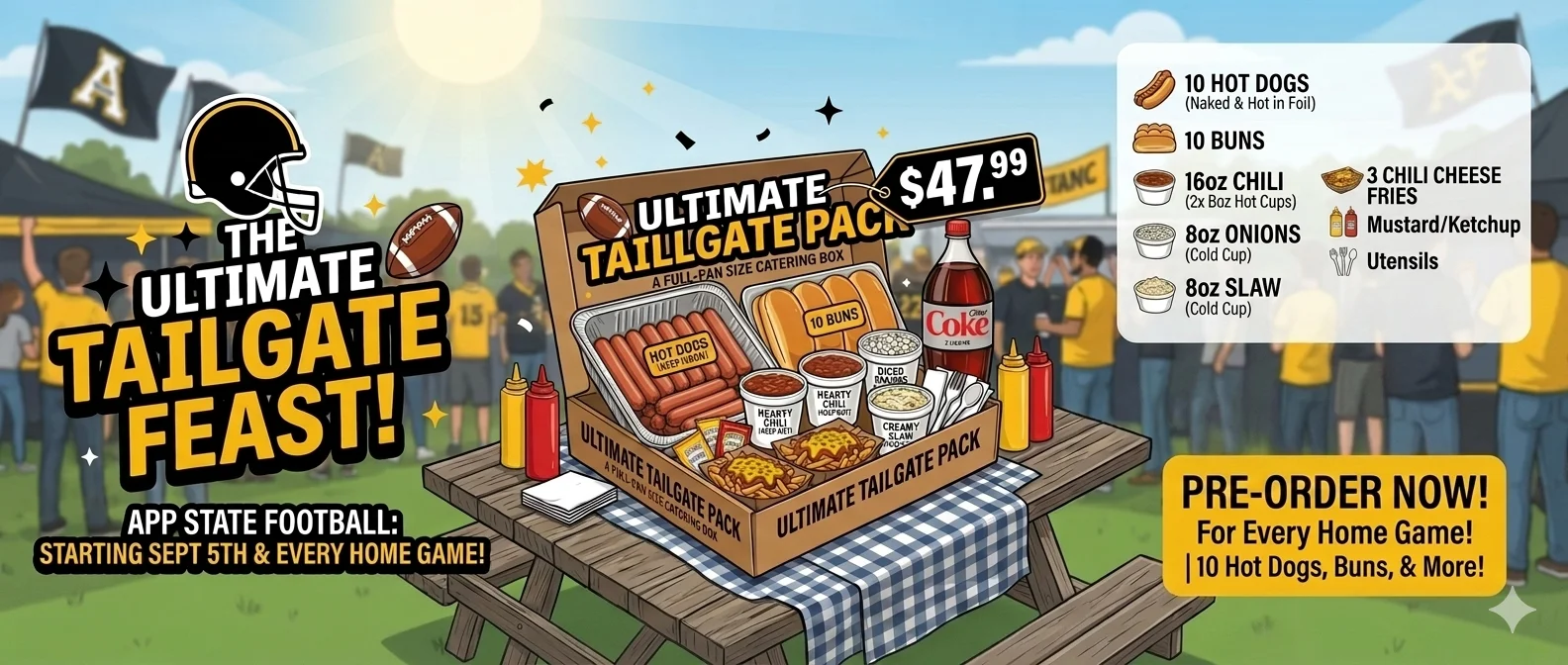 Tailgate feast with hot dogs, chili, and sides for football fans