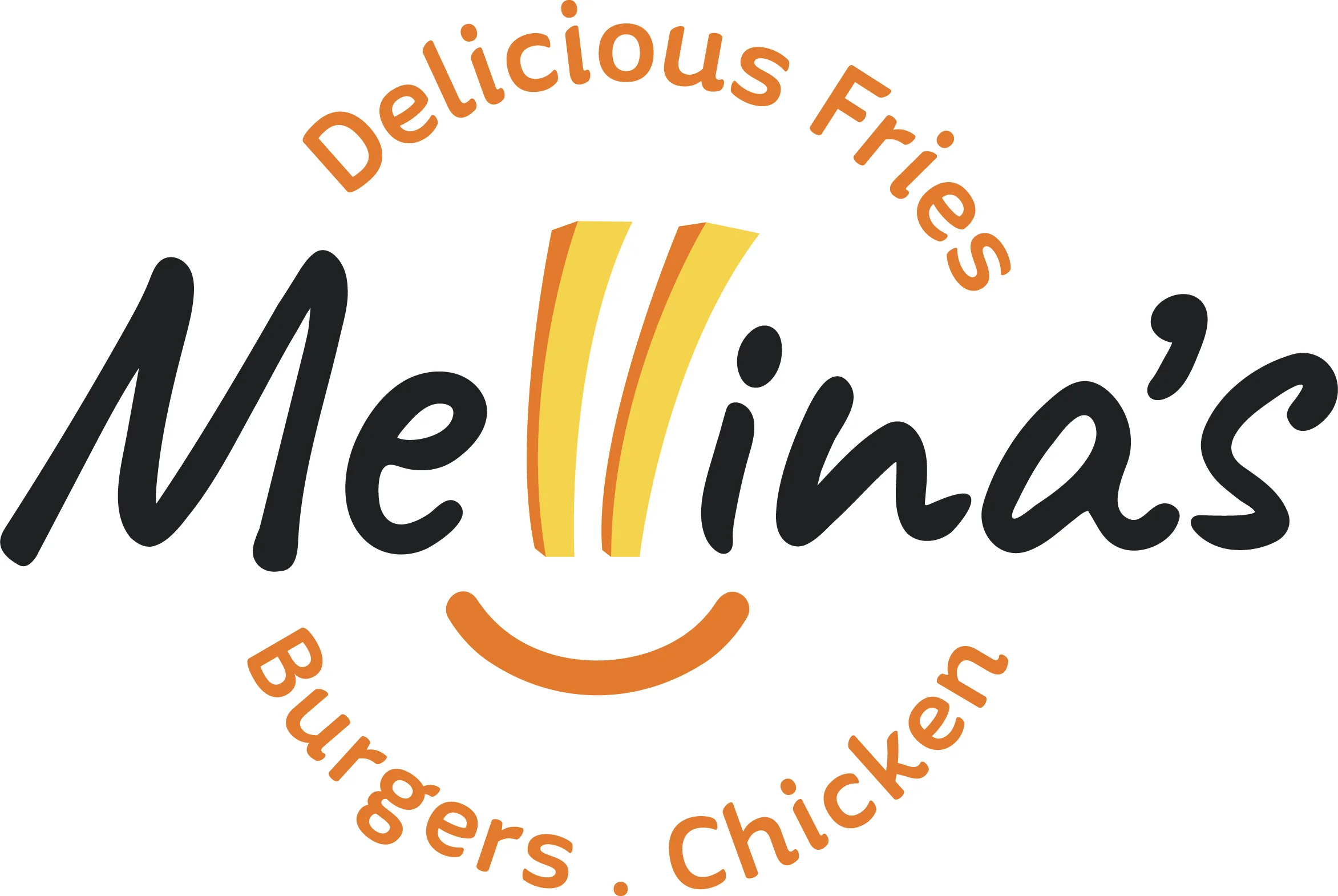 Logo of Mellina's featuring burgers, fries, and chicken