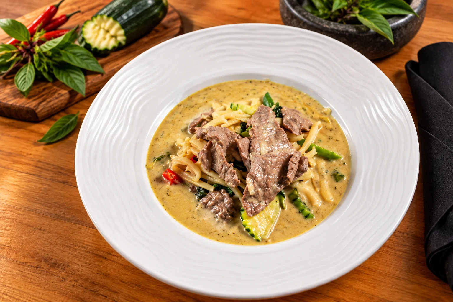 Thai green curry with beef and noodles in a white serving bowl