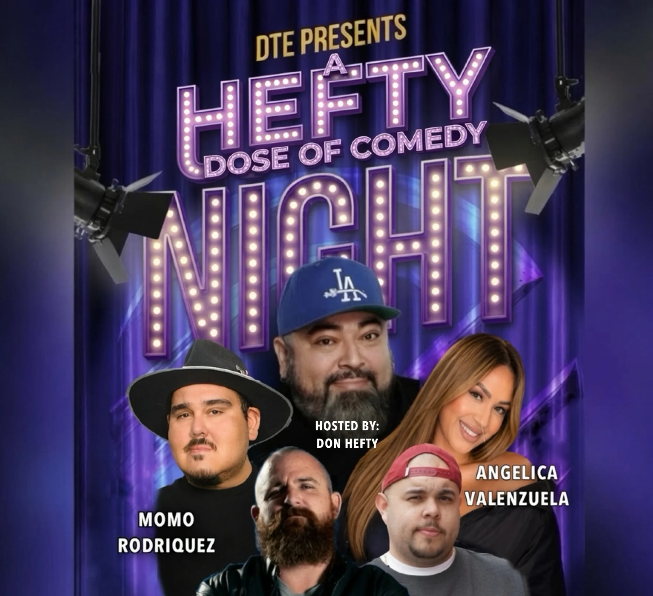 Comedy night poster featuring multiple comedians and event details