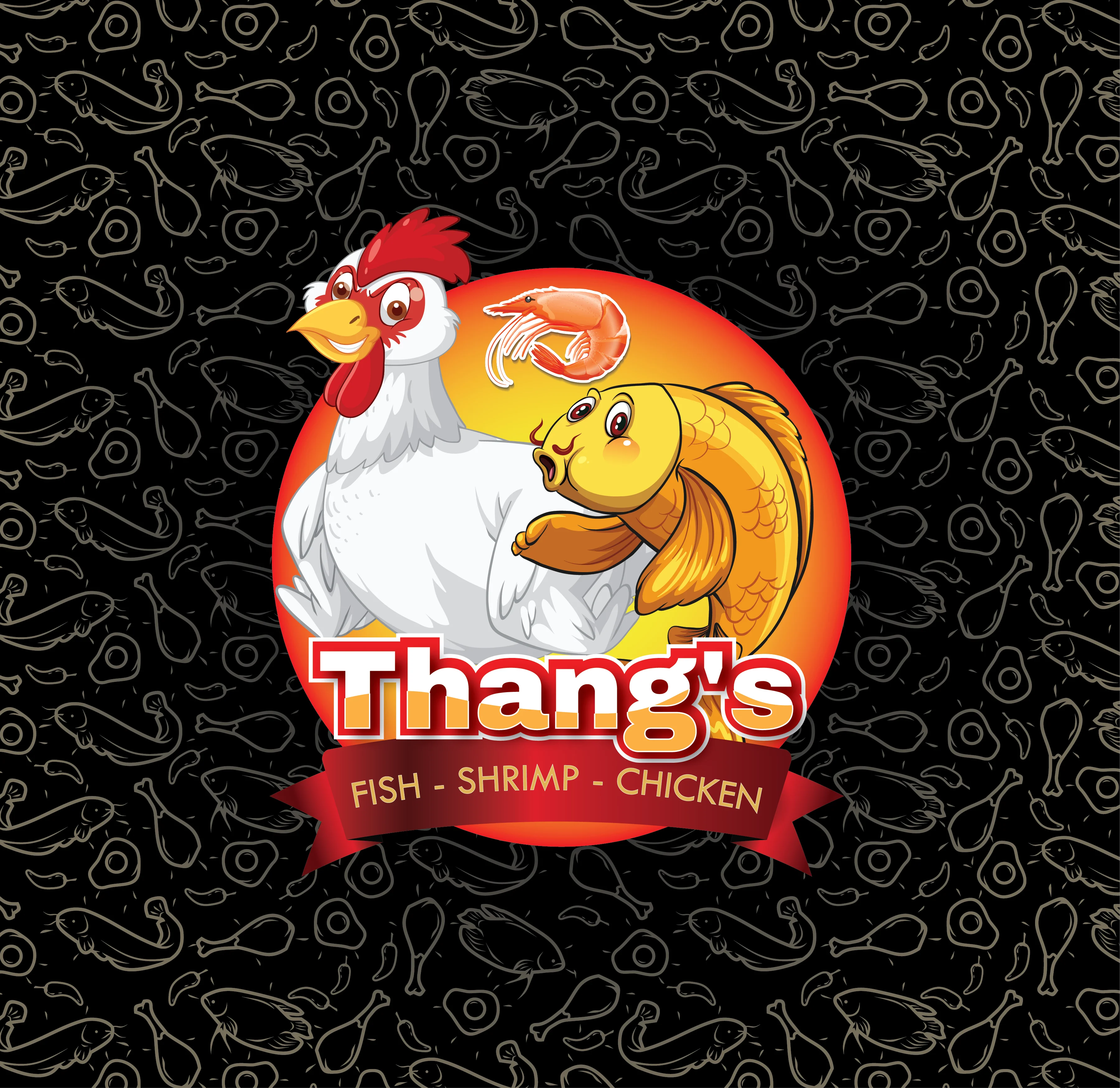 Cartoon logo for Thang's featuring fish, shrimp, and chicken