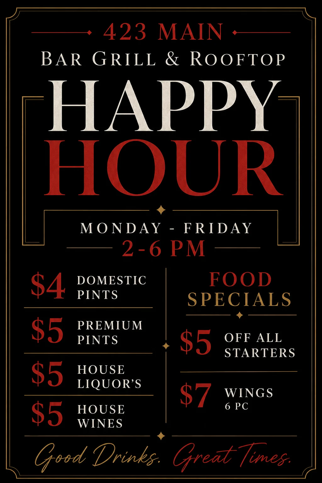 Happy Hour promotional poster for a bar and grill