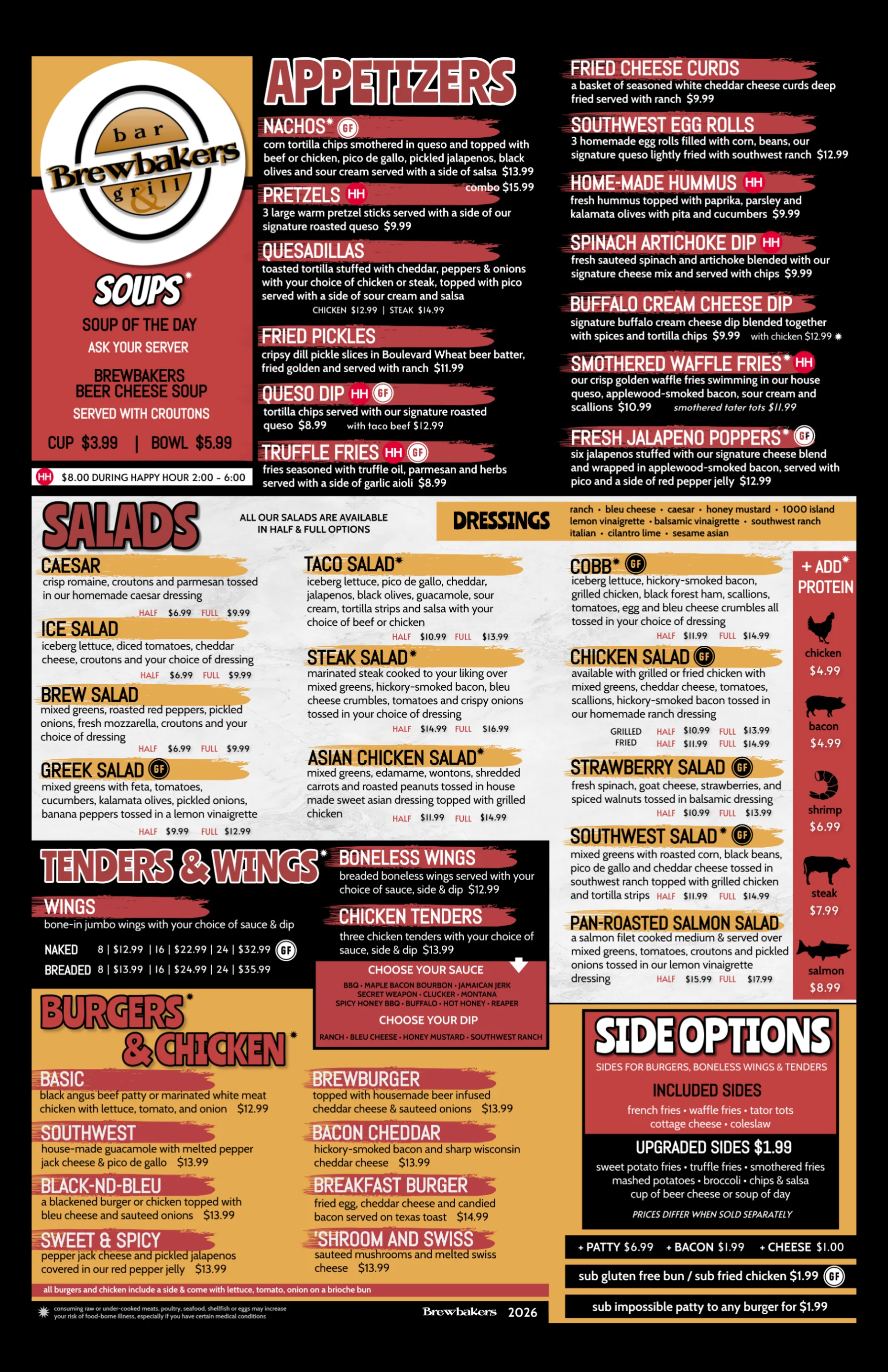 Appetizer menu from Brewbakers Grill featuring various dishes