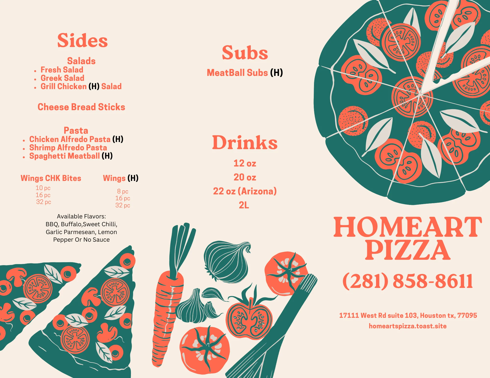 Menu for Homeart Pizza featuring subs, sides, and drinks